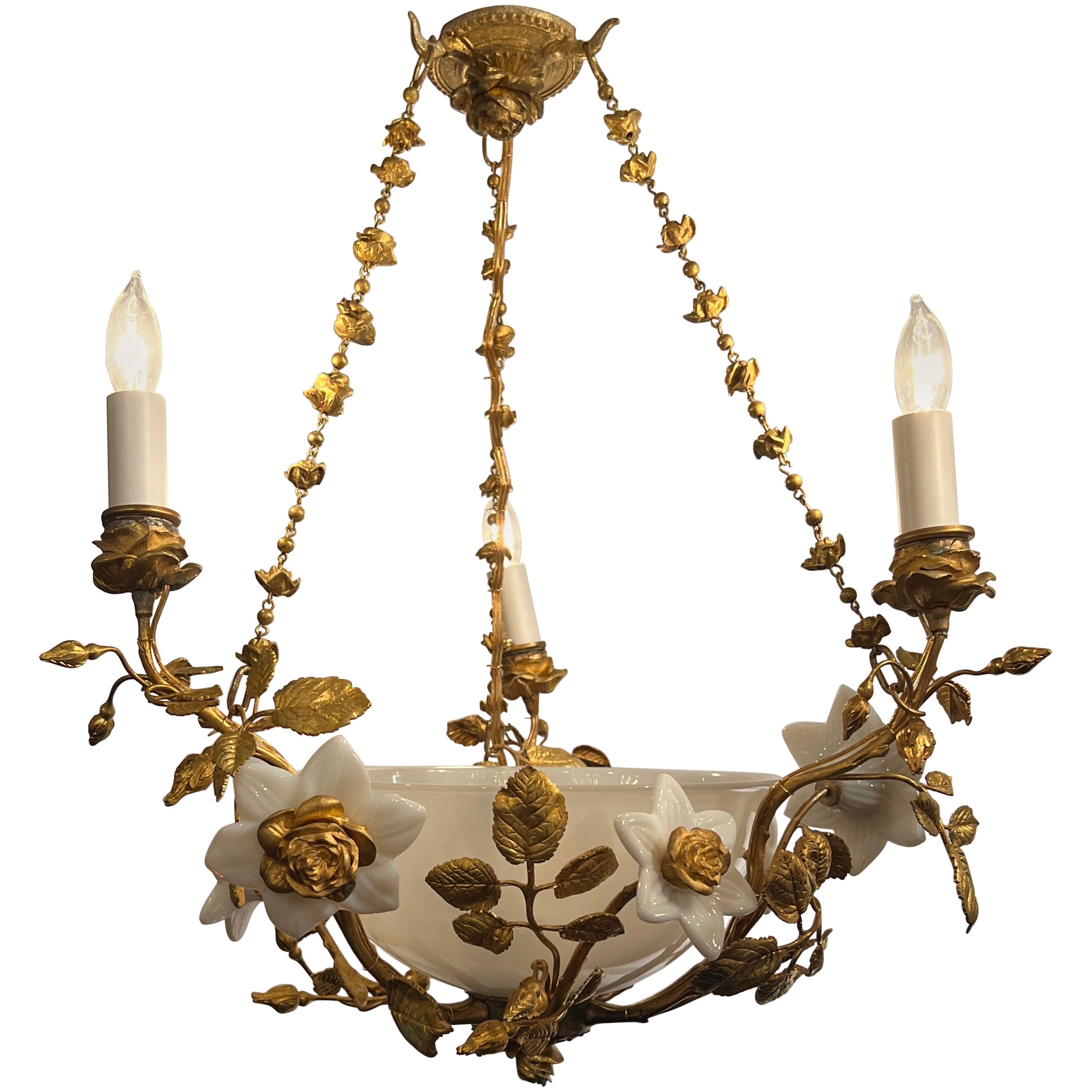 Antique French Charming Milk Glass Fixture with Gold Bronze Flowers, Circa 1900s For Sale