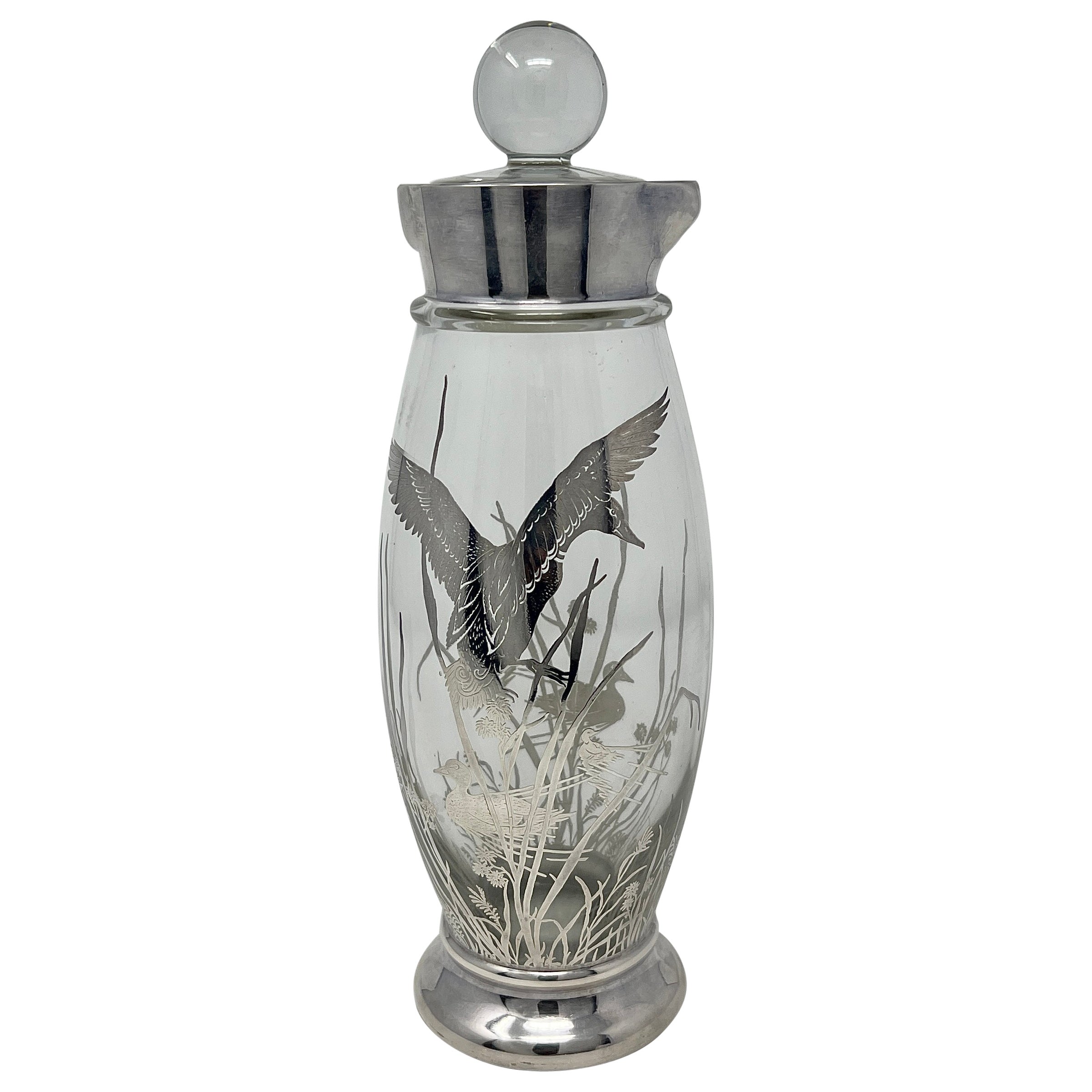 Estate Cut Crystal and Silver Overlay Cocktail Shaker with Ducks, Circa 1950's. For Sale