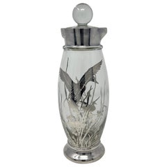 Vintage Estate Cut Crystal and Silver Overlay Cocktail Shaker with Ducks, Circa 1950's.