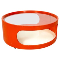 Italian space age round Coffe table cart in glass, white and orange wood, 1970s