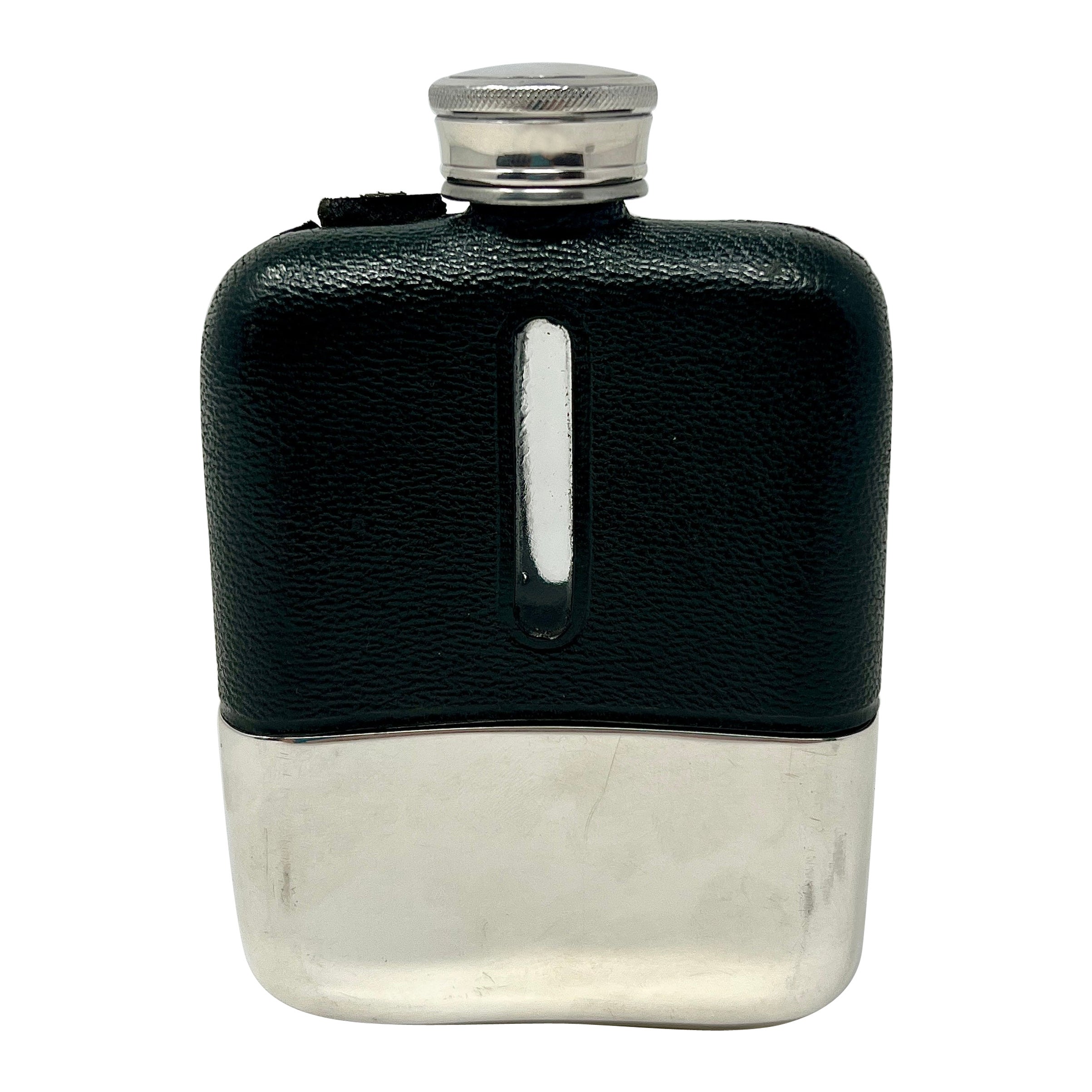 Antique American Art Deco Silver-Plate and Leather Drinking Flask, Circa 1920. For Sale
