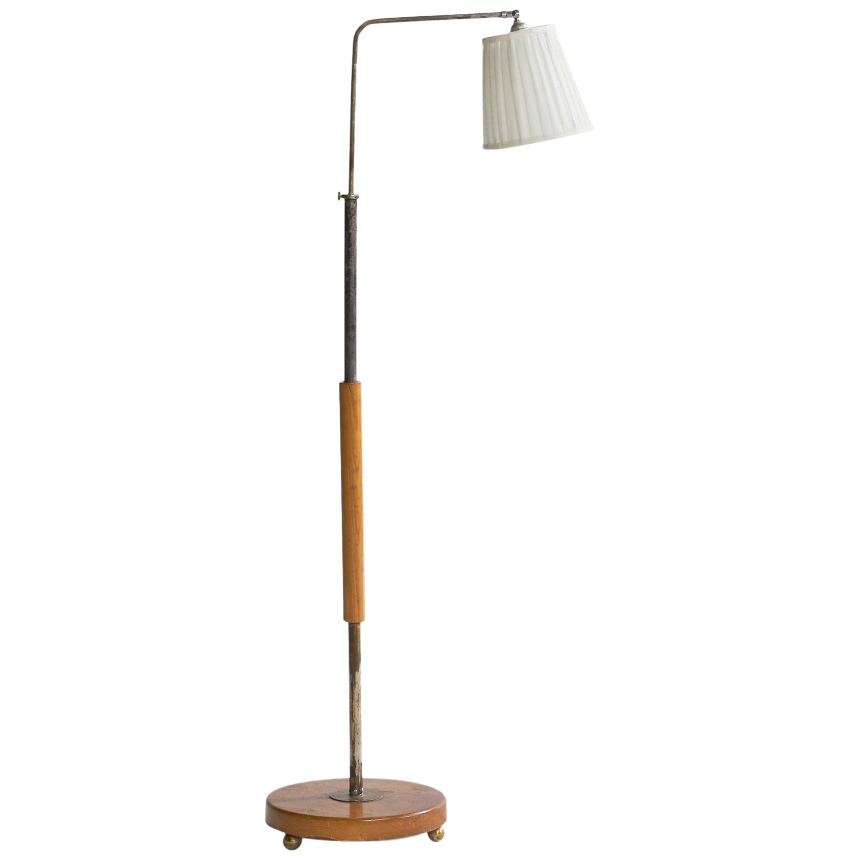 Swedish Designer, Floor Lamp, Steel, Brass, Oak, Fabric, Sweden, 1930s For Sale