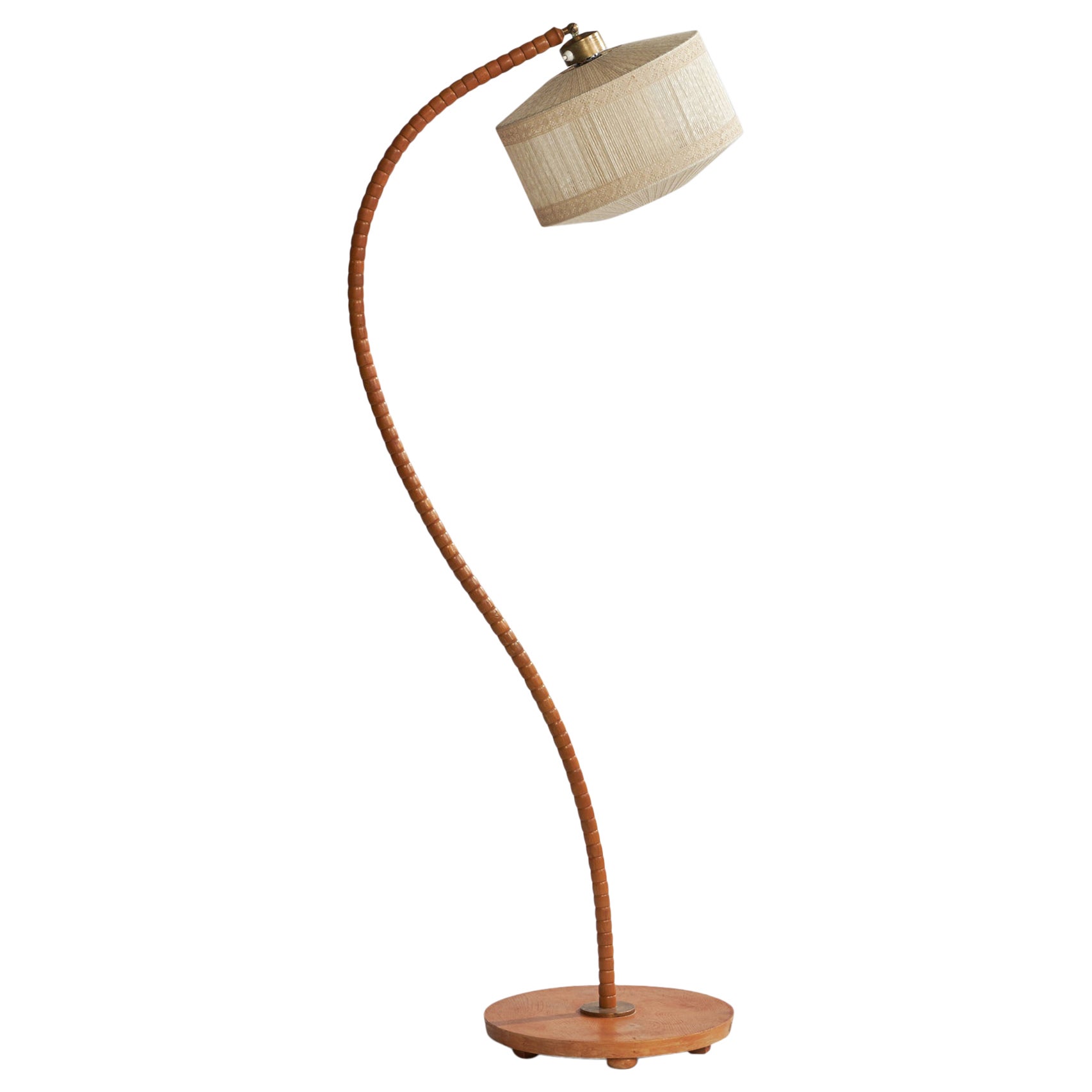 Swedish Designer, Floor Lamp, Oak, Brass, Fabric, Sweden, 1930s For Sale