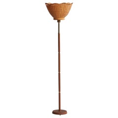 Schwedische Designerin, Stehlampe, Messing, Teakholz, Rattan, Schweden, 1950er Jahre