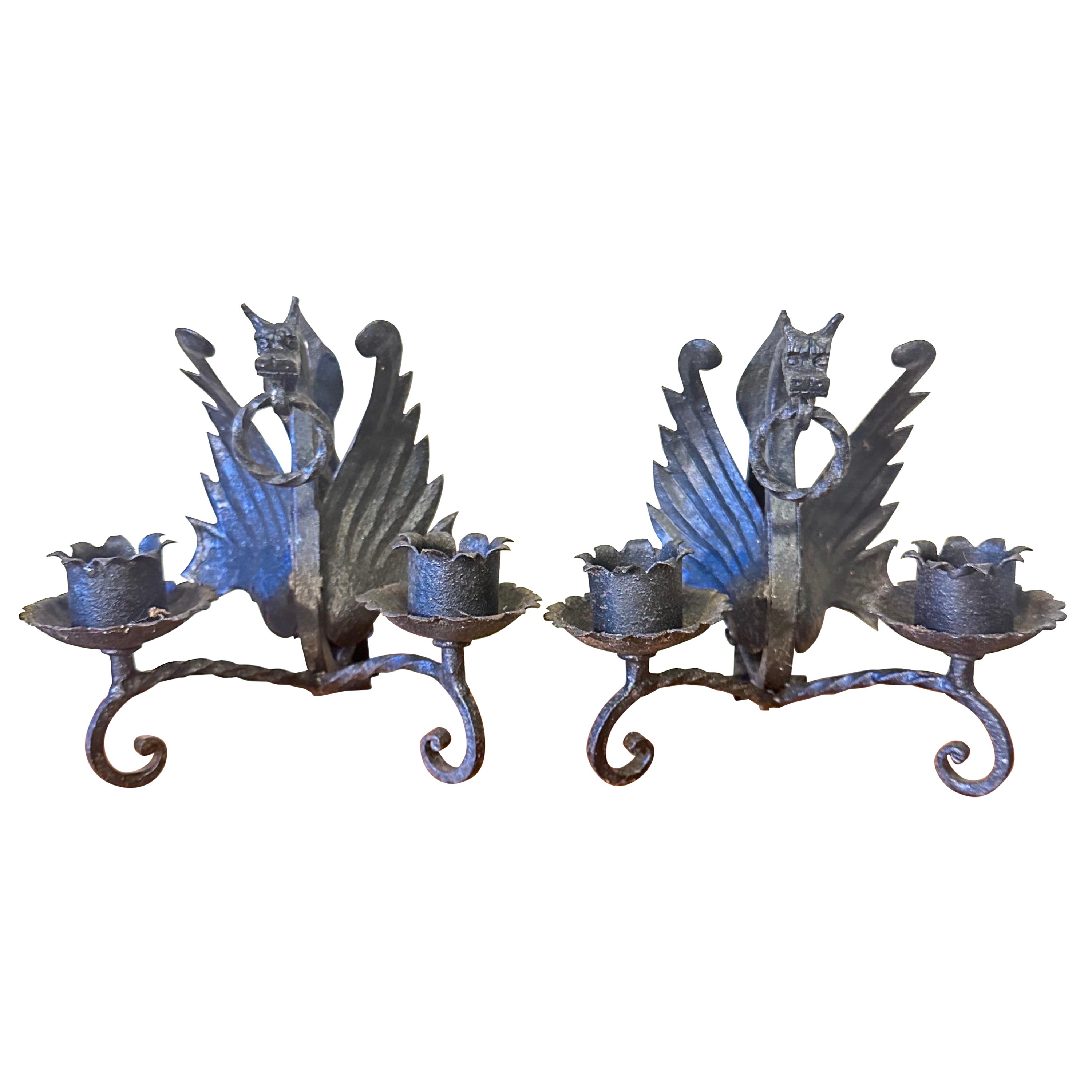 Medieval Antique winged dragon wrought iron sconces manner of Mazzucotelli For Sale