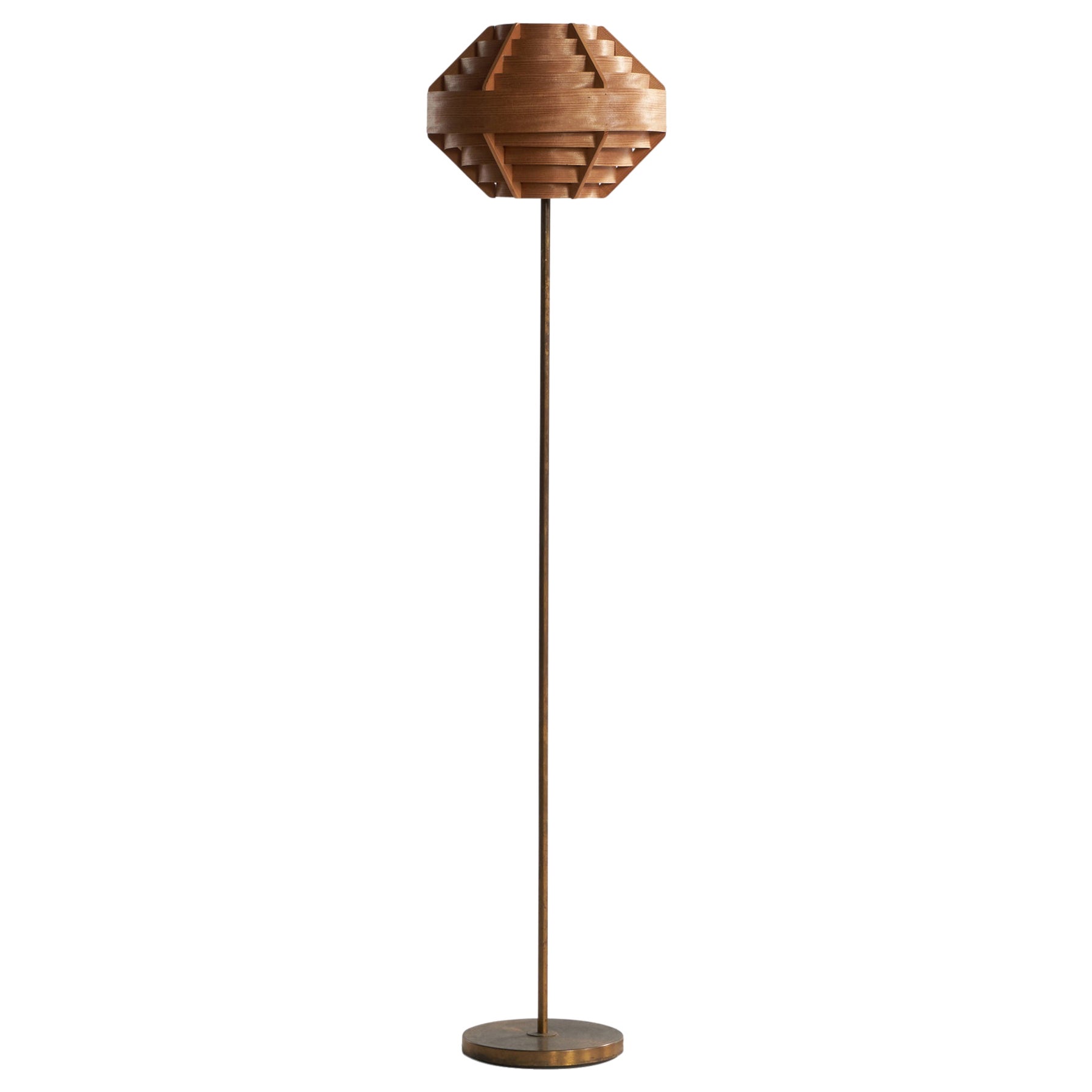 Swedish Designer, Floor Lamp, Brass, Pine, Sweden, 1950s For Sale
