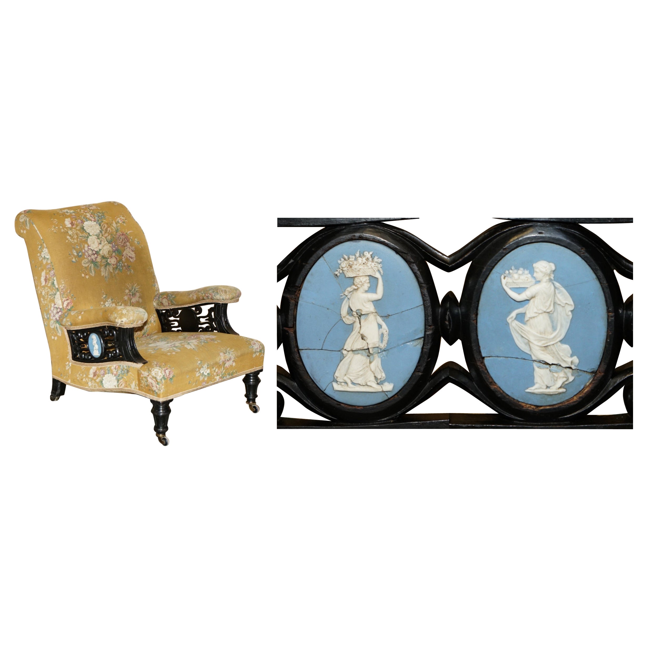SUPER RARE ANTiQUE VICTORIAN AESTHETIC MOVEMENT ARMCHAIR WITH GRAND TOUR PLAQUES For Sale