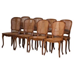 Mid-Century French Louis XV Carved and Caned Dining Side Chairs, Set of Eight