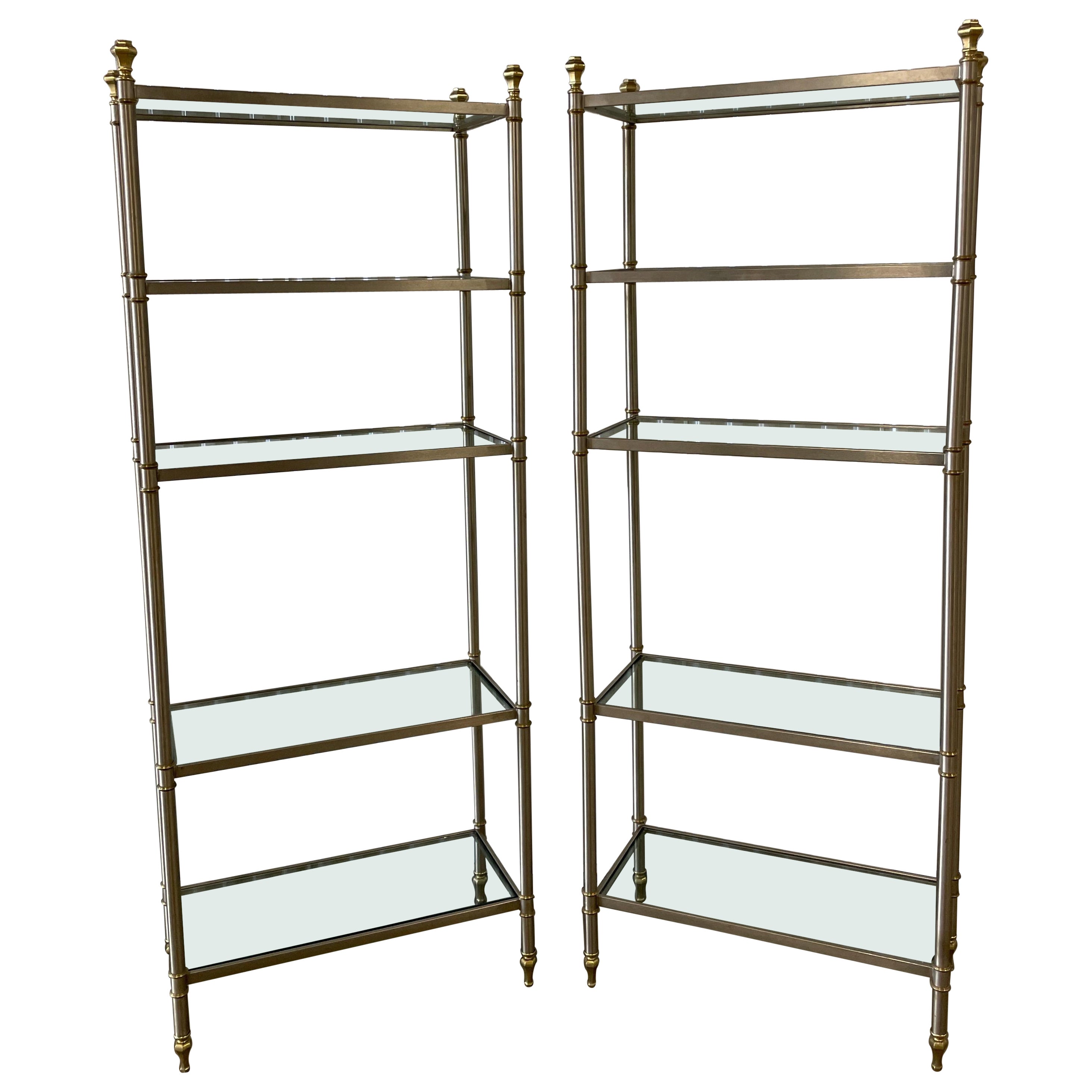 Pair of Vintage Maison Jansen Brushed Steel & Brass Etageres For Sale