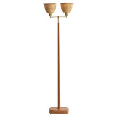 Schwedische Designerin, Stehlampe, Teakholz, Messing, Rattan, Schweden, 1950er Jahre