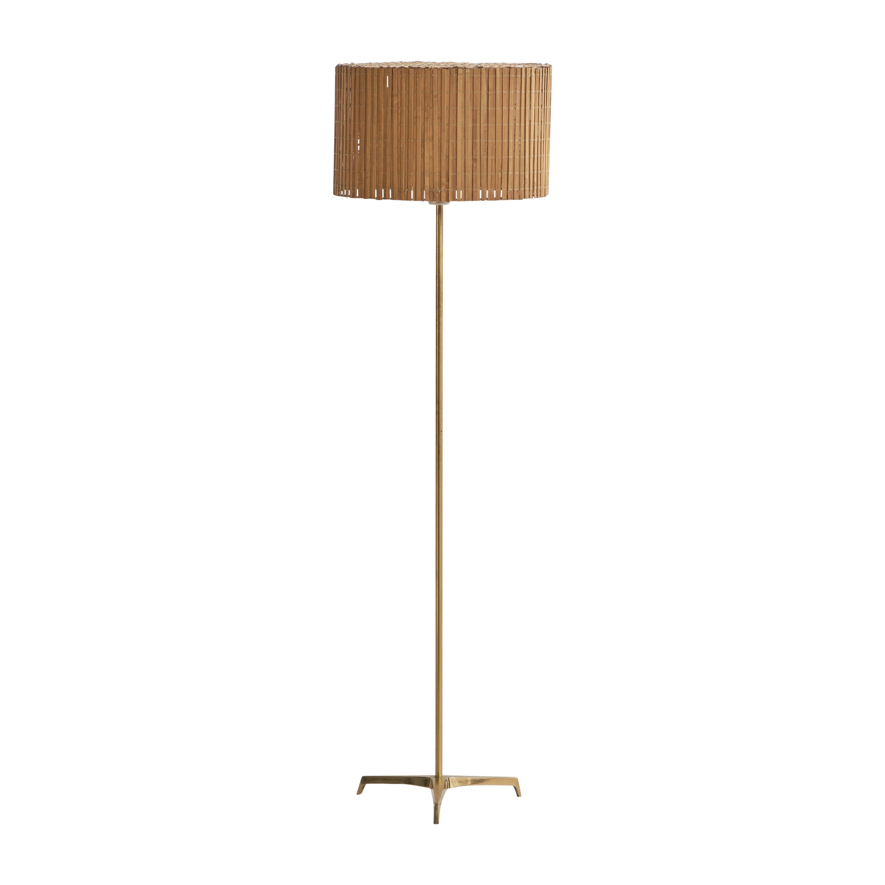 Swedish Designer, Floor Lamp, Brass, Reed, Sweden, 1950s For Sale