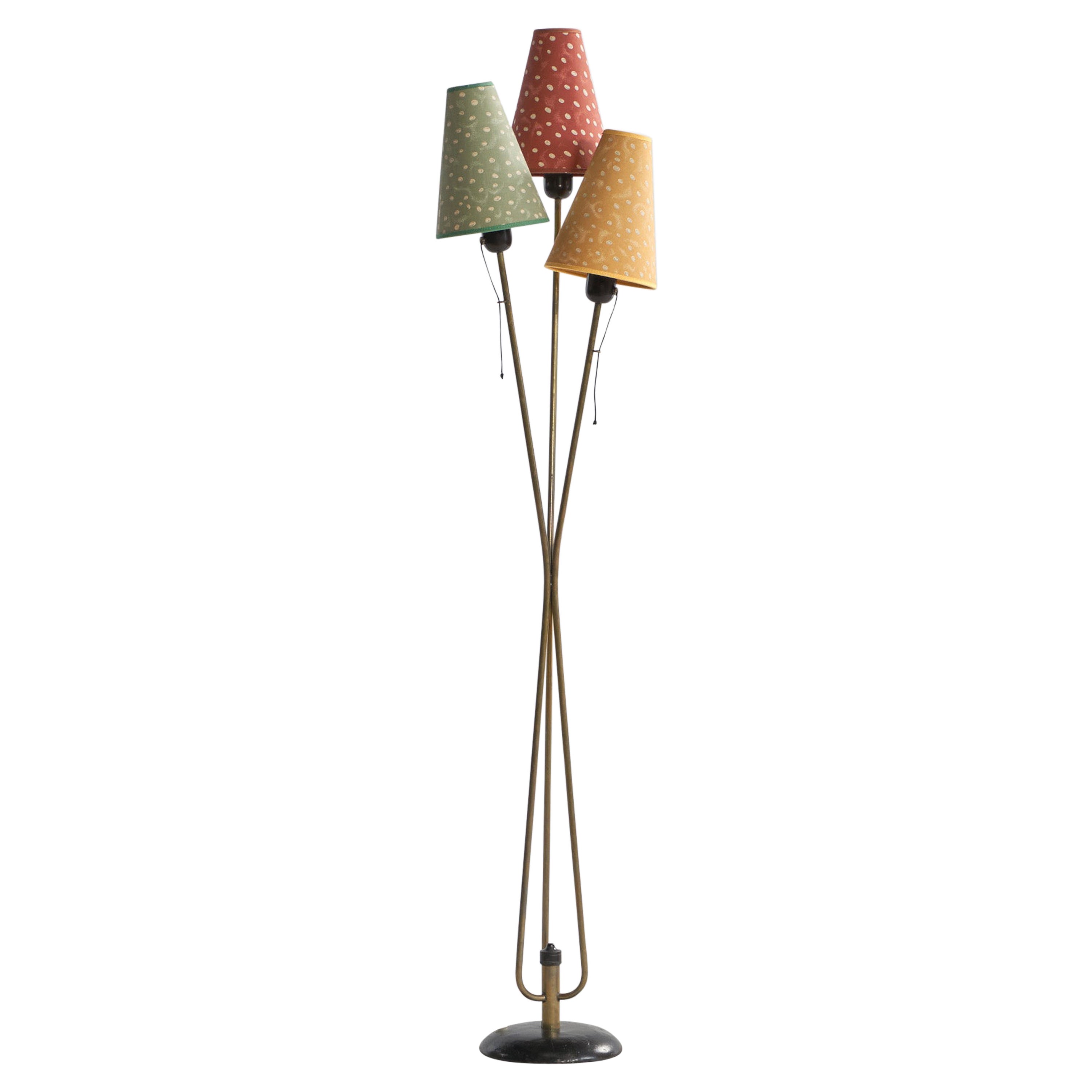 Swedish Designer, Floor Lamp, Brass, Metal, Fabric, Sweden, 1960s For Sale
