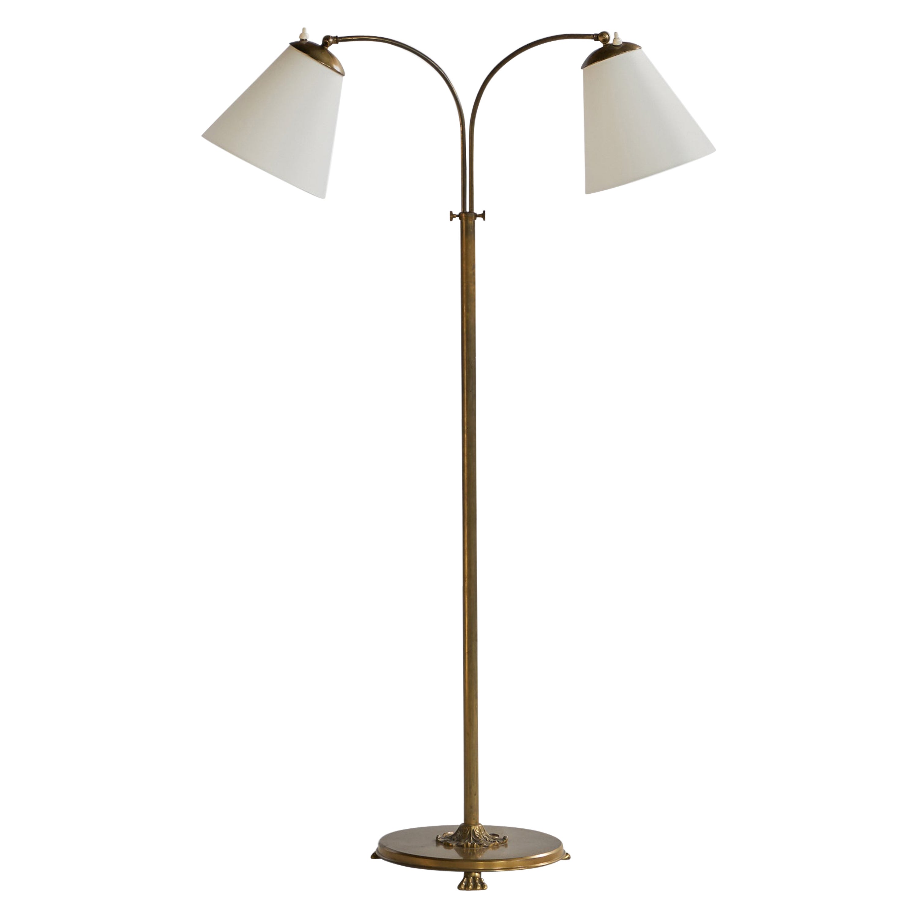 Swedish Designer, Floor Lamp, Brass, Fabric, Sweden, 1940s For Sale