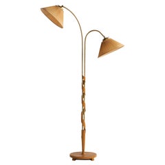 Swedish Designer, Floor Lamp, Brass, Elm, Fabric, Sweden, 1930s