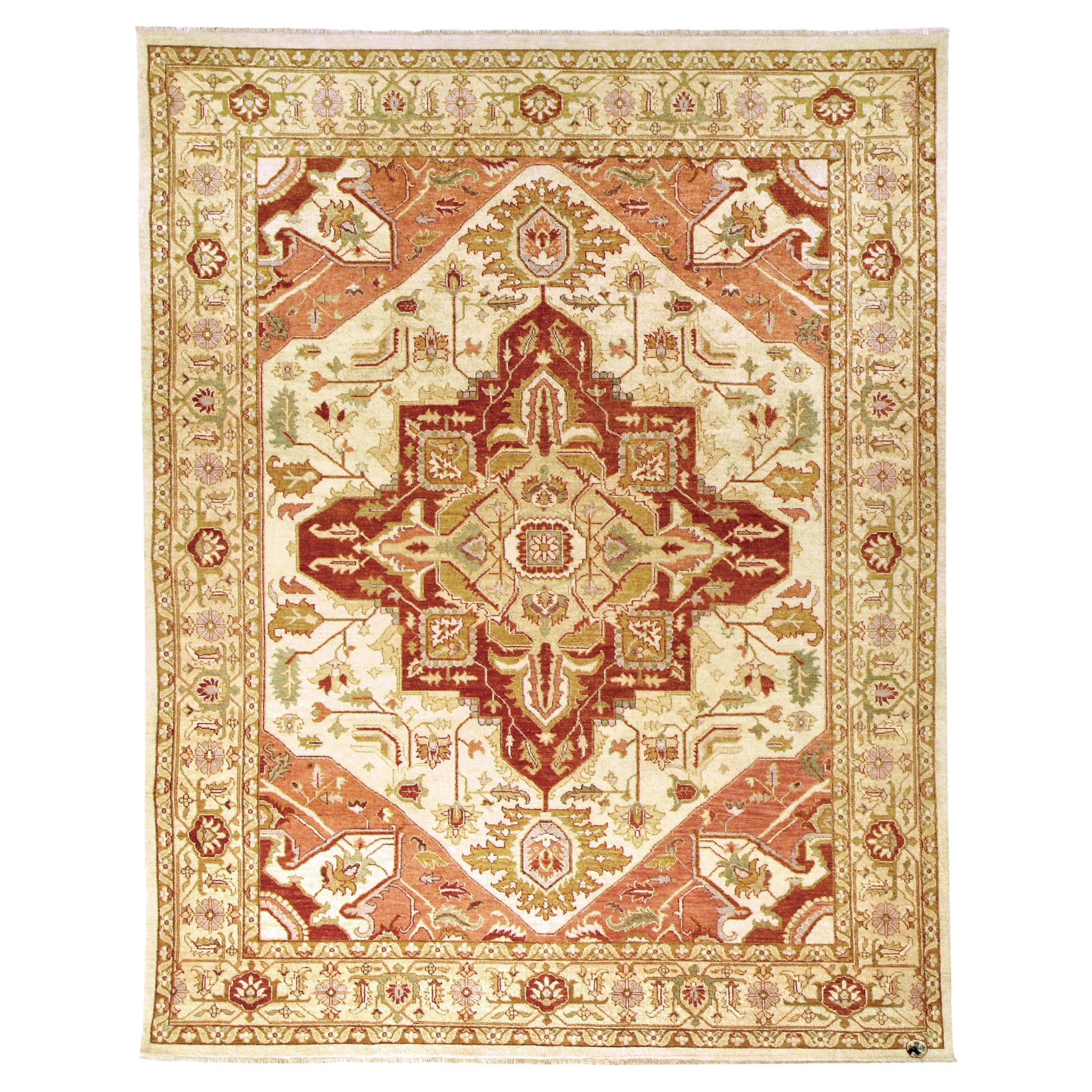 Luxury Traditional Hand-Knotted Serapi Cream and Light Gold 16x28 Rug For Sale
