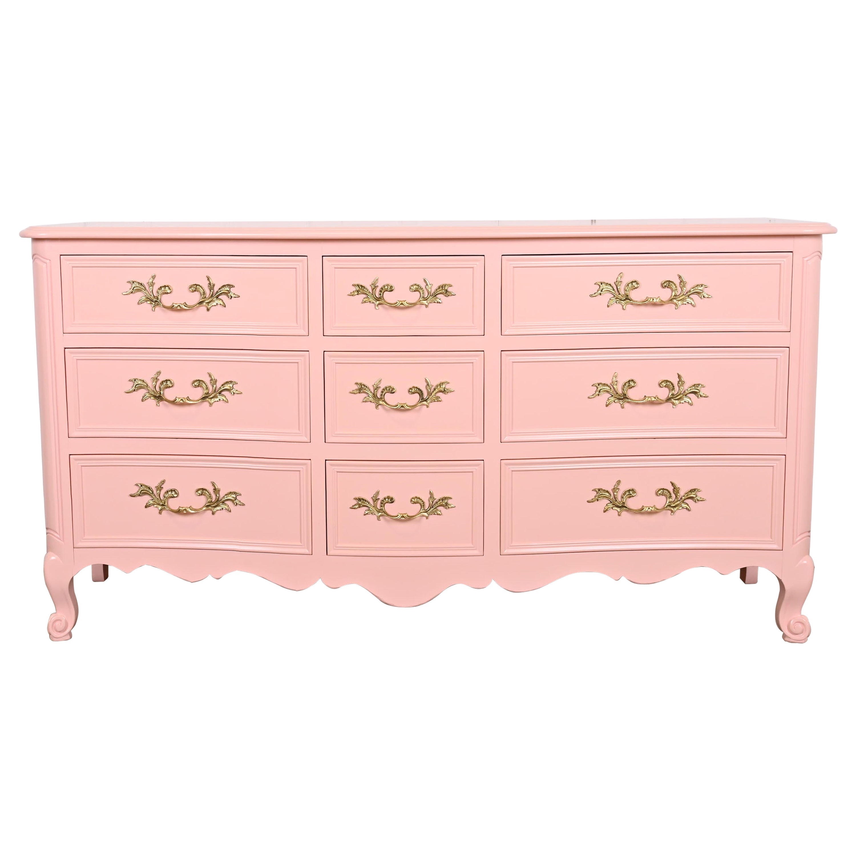 Kindel Furniture French Provincial Louis XV Pink Lacquered Dresser, Refinished