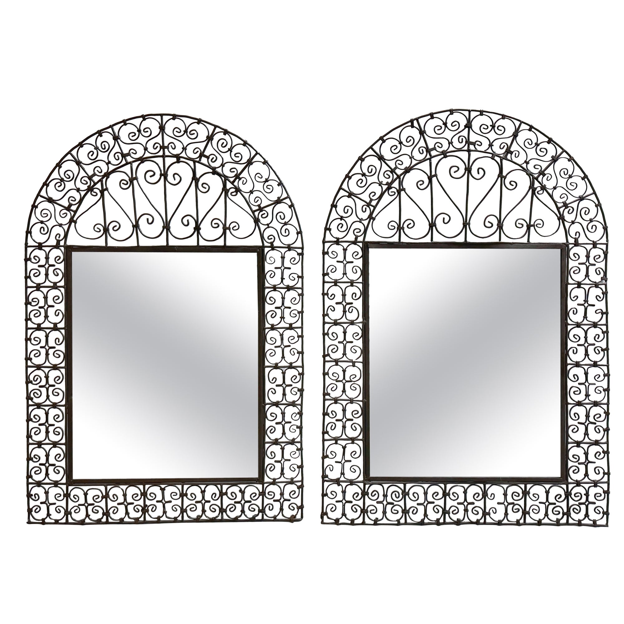 Pair of Spanish Colonial Wrought Iron Trellis Motif Mirrors For Sale