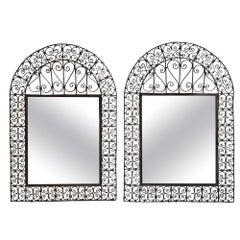 Vintage Pair of Spanish Colonial Wrought Iron Trellis Motif Mirrors