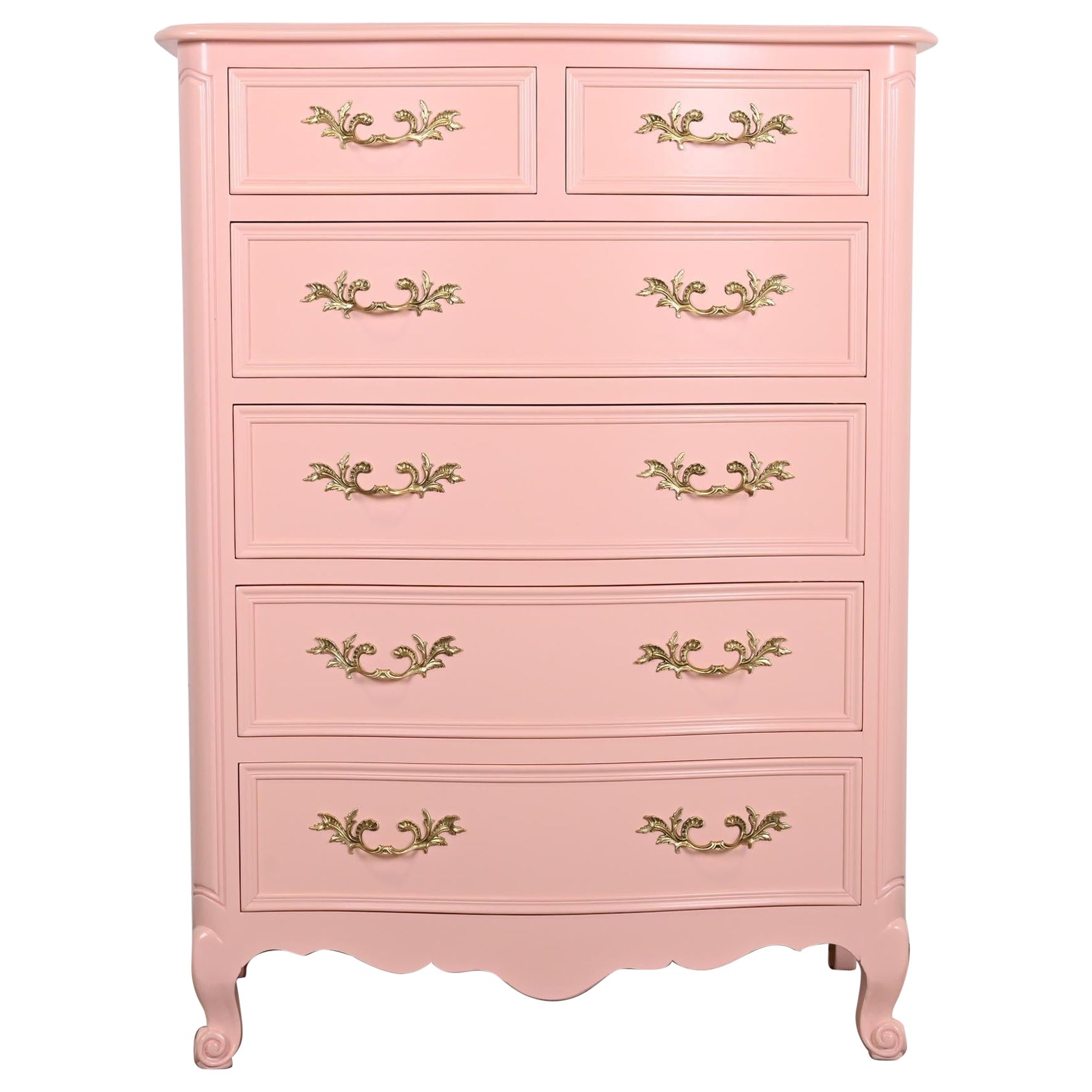 Kindel Furniture French Provincial Louis XV Pink Lacquered Highboy Dresser For Sale