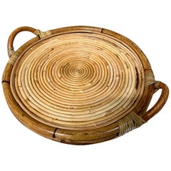 Retro Coastal Style / Bohemian Pencil Reed Coiled Rattan Serving Tray. Circa 1980sCirc