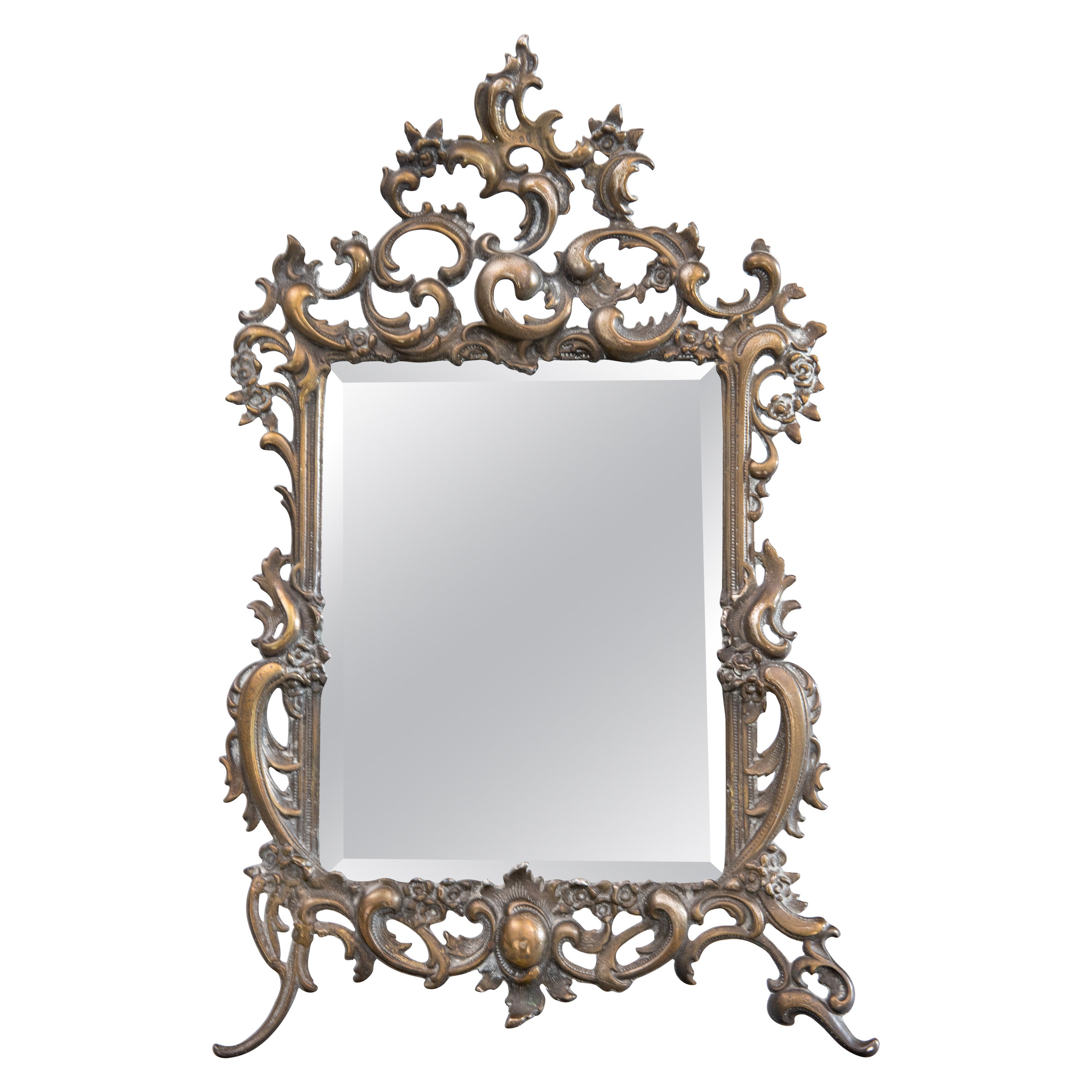 Antique Rococo Style French Brass Vanity Dresser Table Mirror, circa 1900 For Sale