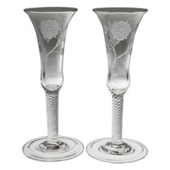 Pair of 20th Century Georgian Style Jacobite Engraved Champagne Flutes c1935