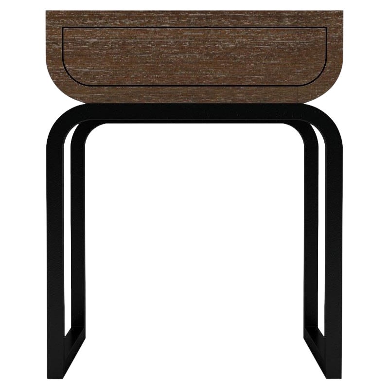 Roher Nachttisch – moderner Nachttisch aus natürlichem Wenge mit schmiedeeisernem Sockel im Angebot
