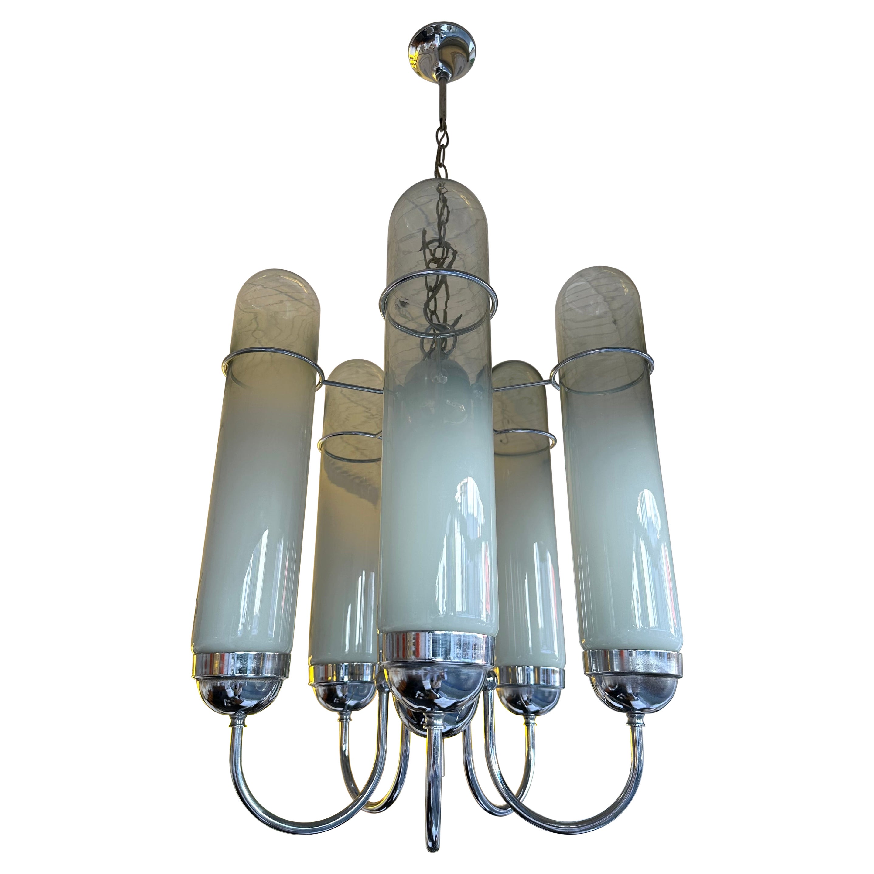 Chandelier Murano Glass Tubes and Metal Chrome. Italy, 1970s For Sale