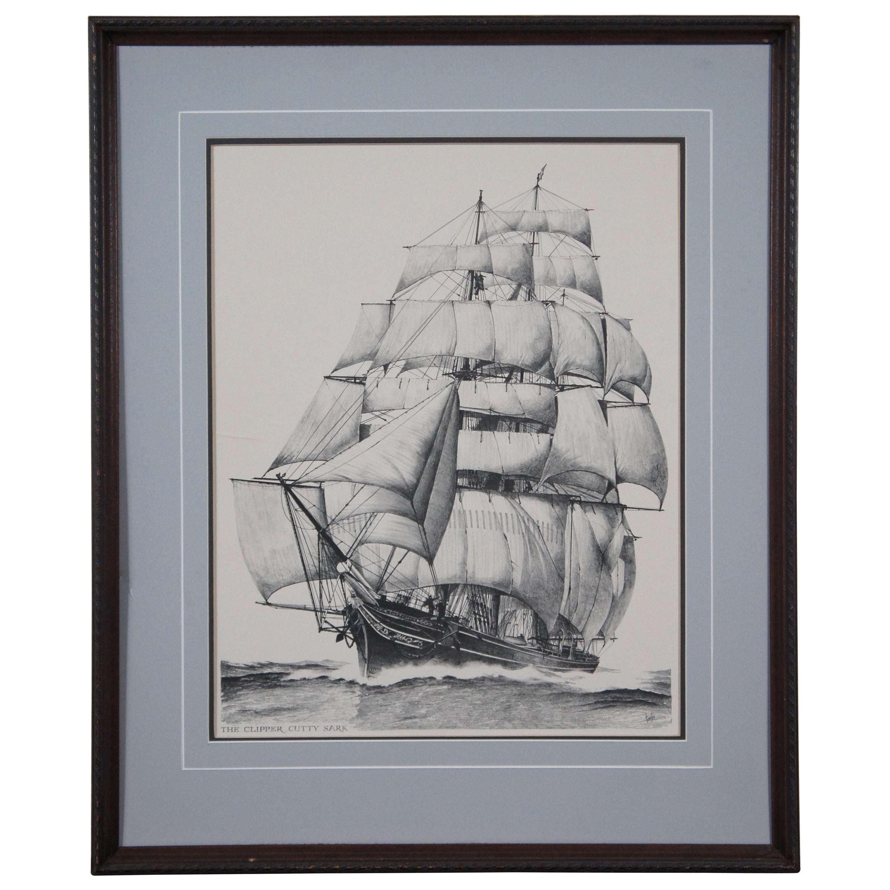 The Clipper Cutty Sark Tea Ship Nautical Maritime Lithograph Print Fowler 26" For Sale