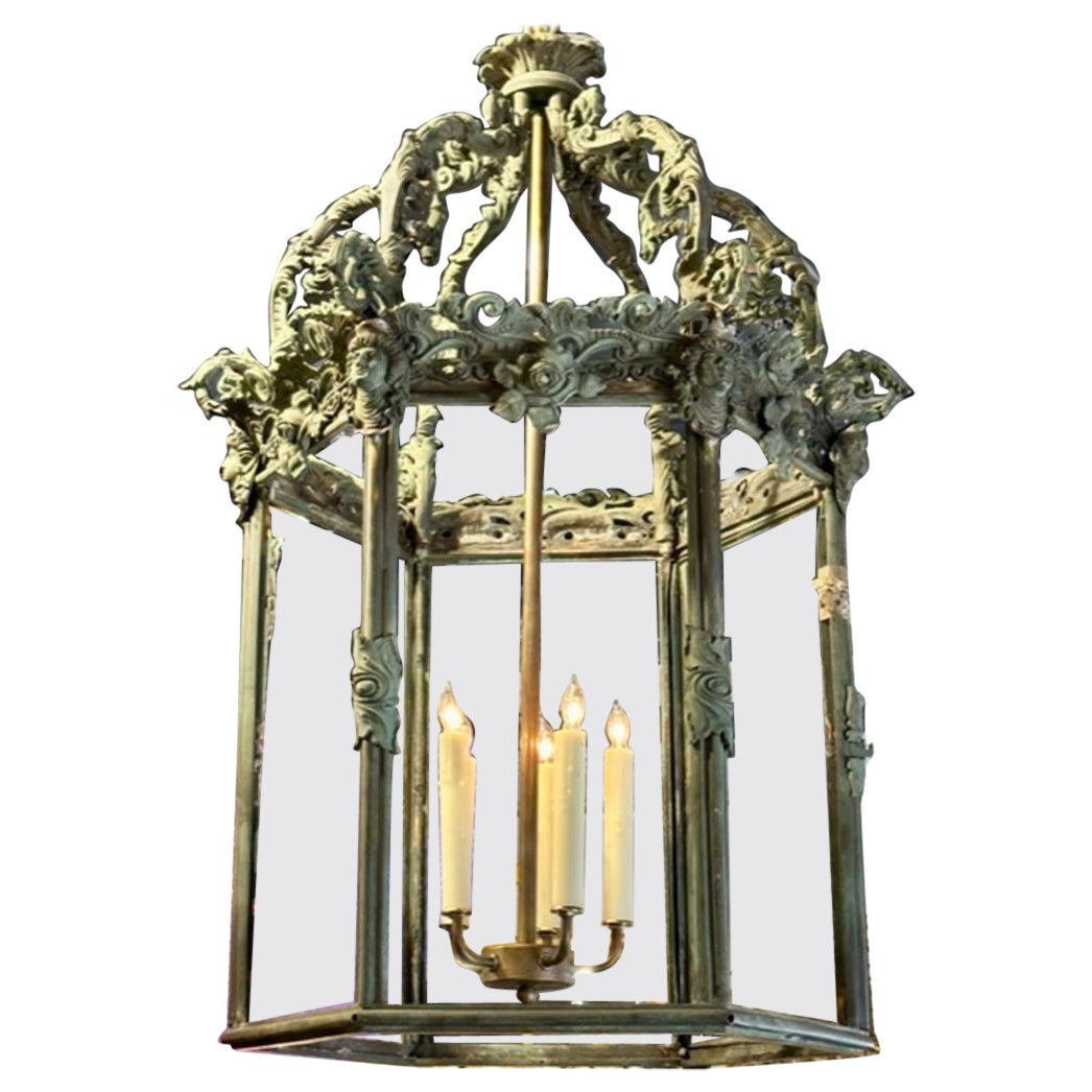 French Bronze Lantern with Tarnished Verde Patina For Sale