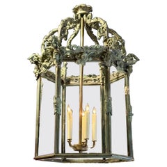 Antique French Bronze Lantern with Tarnished Verde Patina