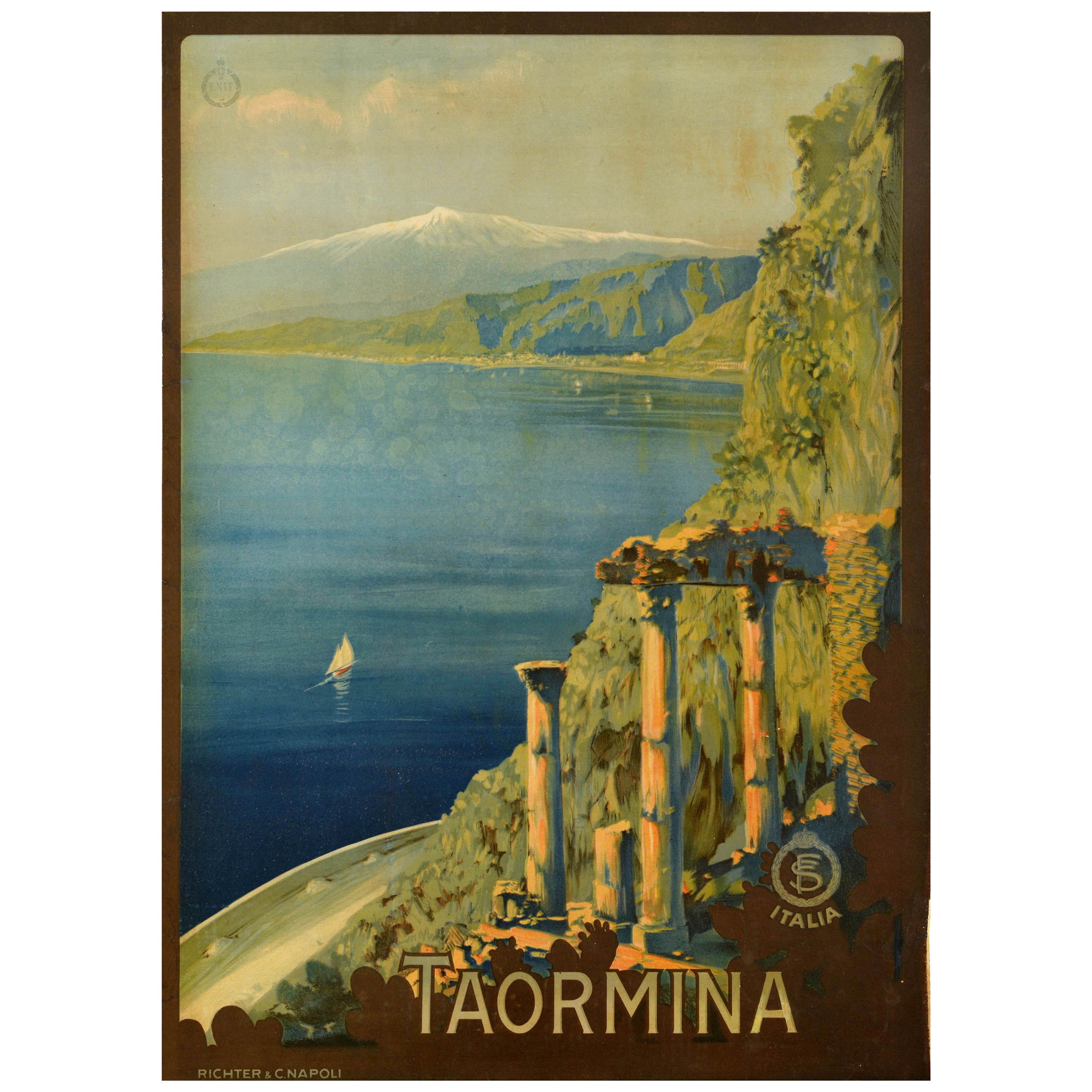 Affiche de voyage vintage d'origine Taormina Sicily ENIT Italie Mt Etna Mario Borgoni