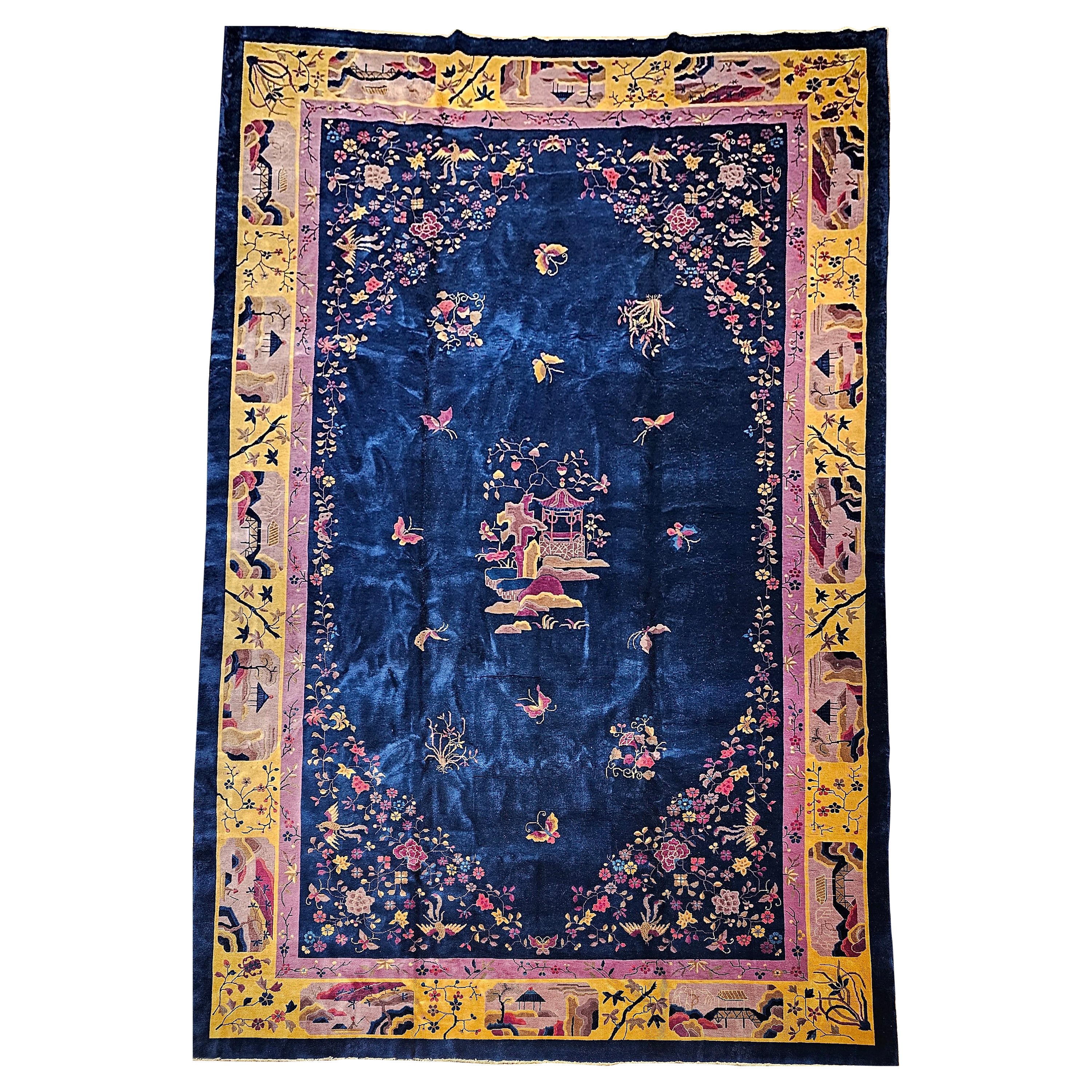 Oversized Walter Nichols Art Deco Chinese Rug in French Blue, Yellow, Navy, Red For Sale