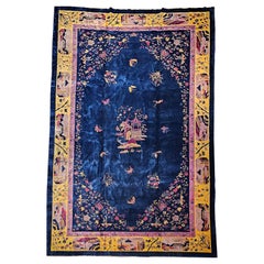Oversized Walter Nichols Art Deco Chinese Rug in French Blue, Yellow, Navy, Red