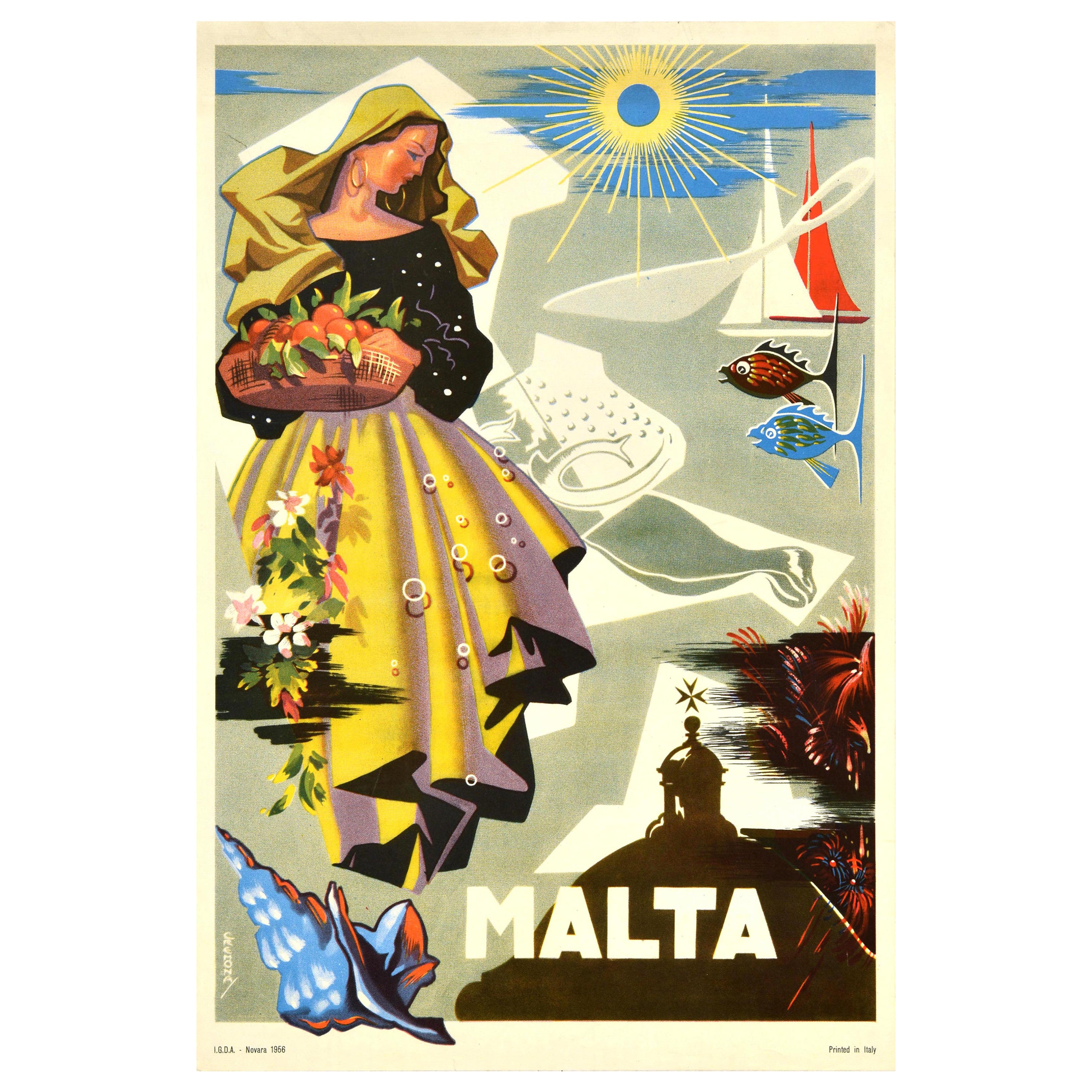 Original Vintage Travel Poster Malta Mediterranean Sea Valetta Midcentury Design For Sale