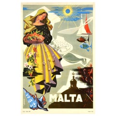 Affiche de voyage vintage d'origine Malta Valetta Mediterranean Sea Valetta du milieu du siècle dernier