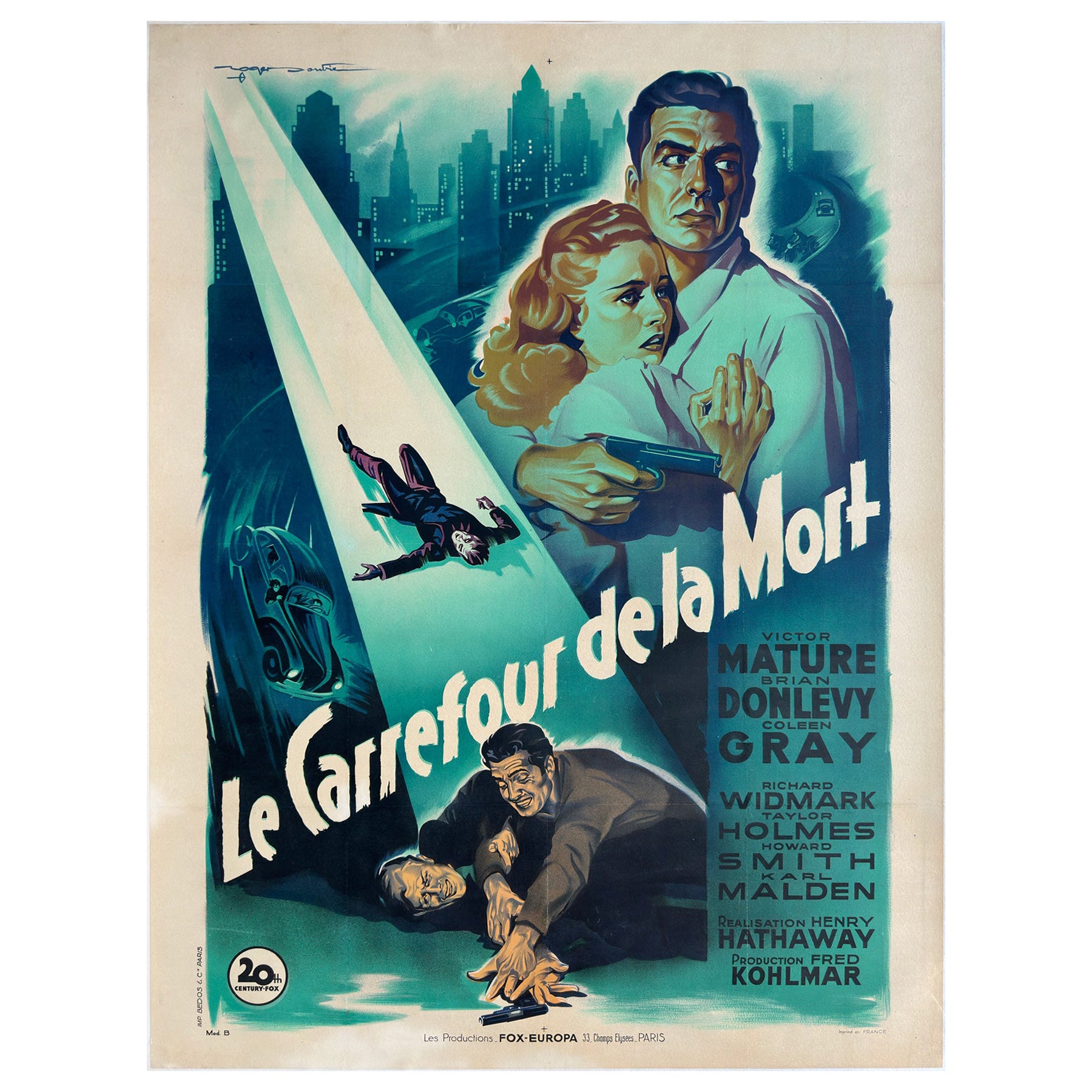 KISS OF DEATH 1947 French Grande Film Movie Poster, Style B, ROGER  SOUBIE For Sale