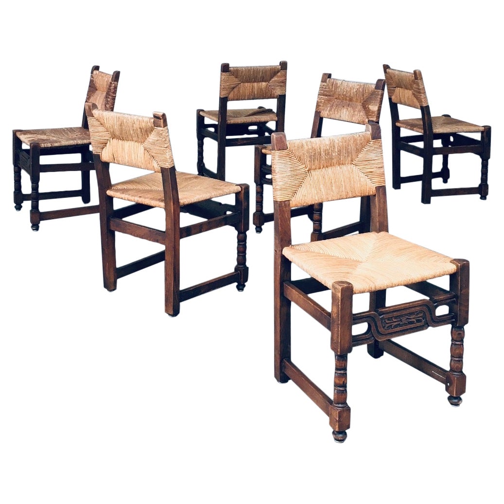 Craftman Oak & Rush Dining Chair set, France 1940's For Sale