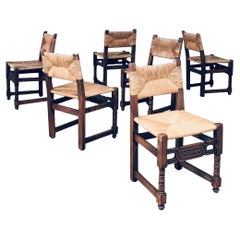 Vintage Craftman Oak & Rush Dining Chair set, France 1940's