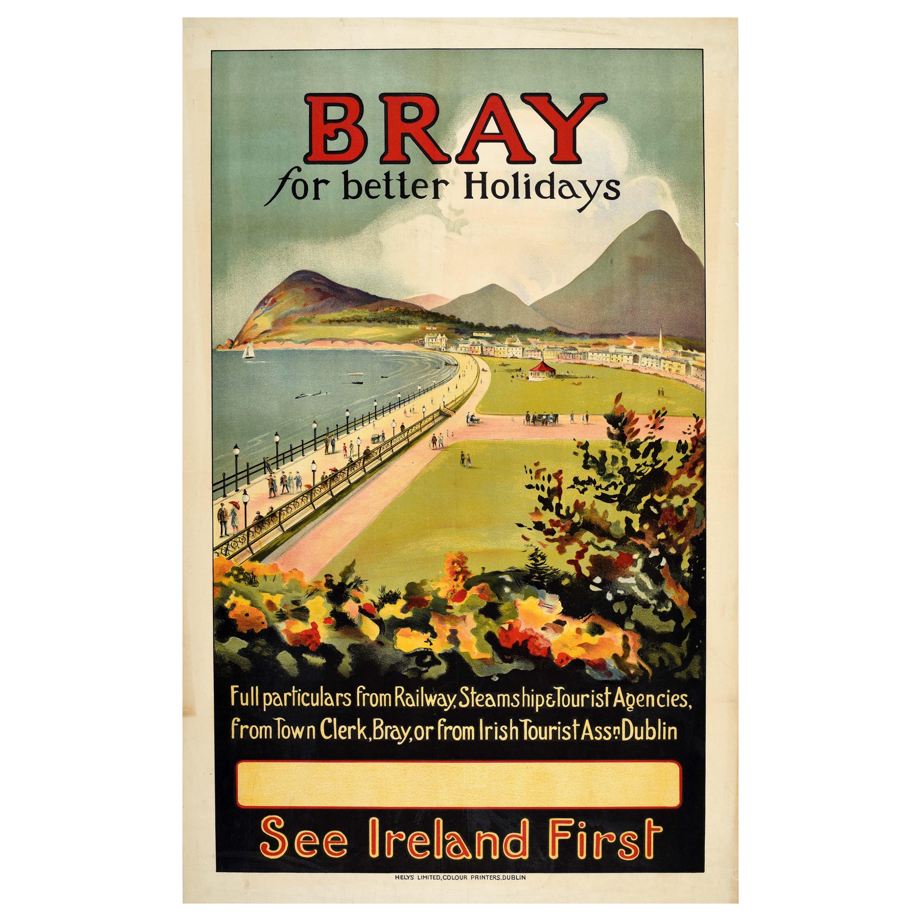 Original Vintage Train Travel Poster Bray County Wicklow Ireland Better Holidays en vente