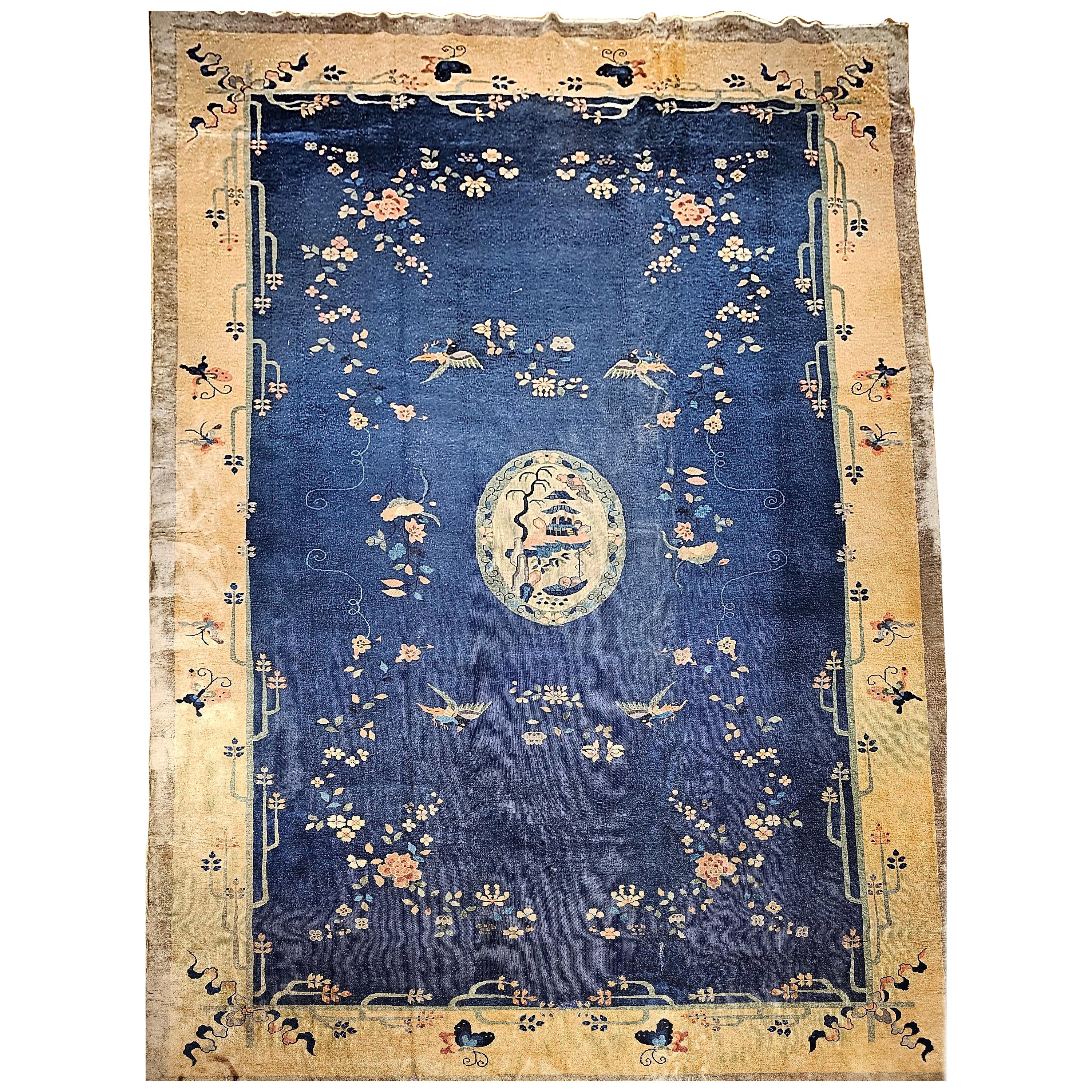 Vintage Oversized Chinese Art Deco with Pagoda, Birds Design in French Blue, Tan For Sale