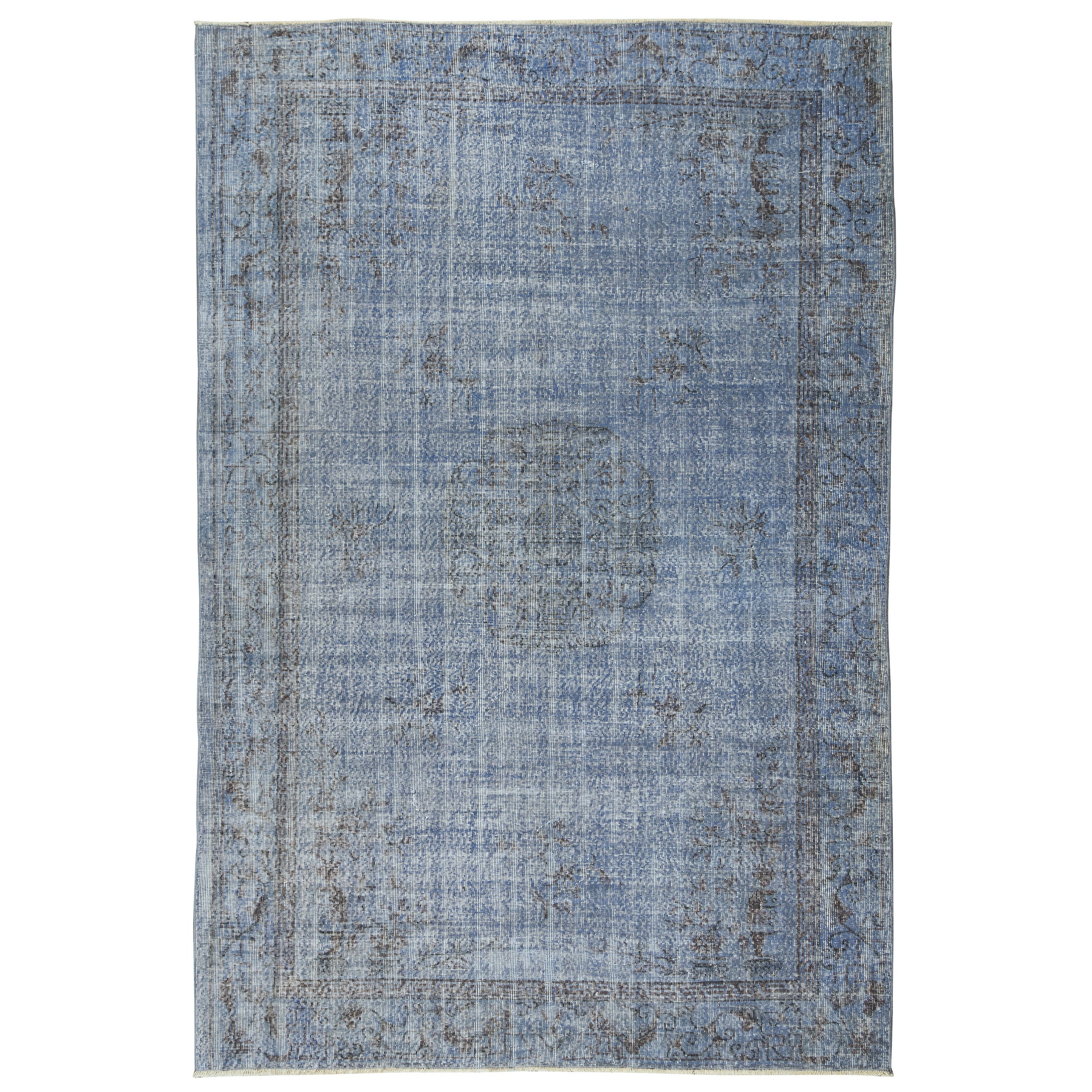 6.5x10 Ft Handmade Turkish Wool Area Rug in Blue with Art Deco Chinese Design For Sale