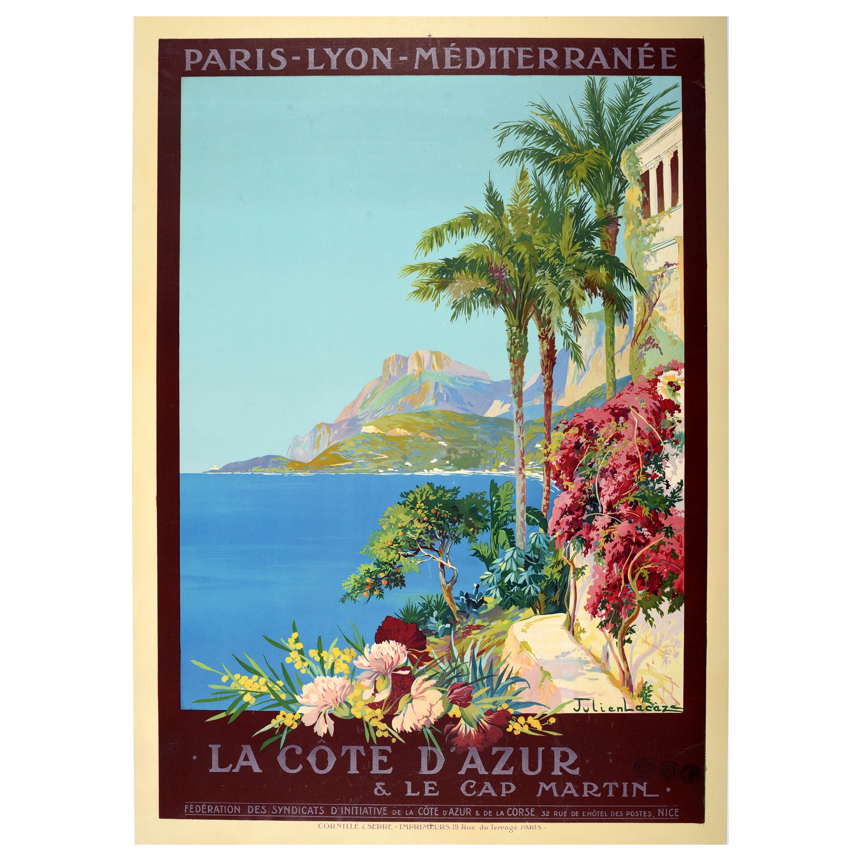 Poster di viaggio originale d'epoca Cote D'Azur Martine Costa Azzurra Costa Azzurra Ferrovia PLM