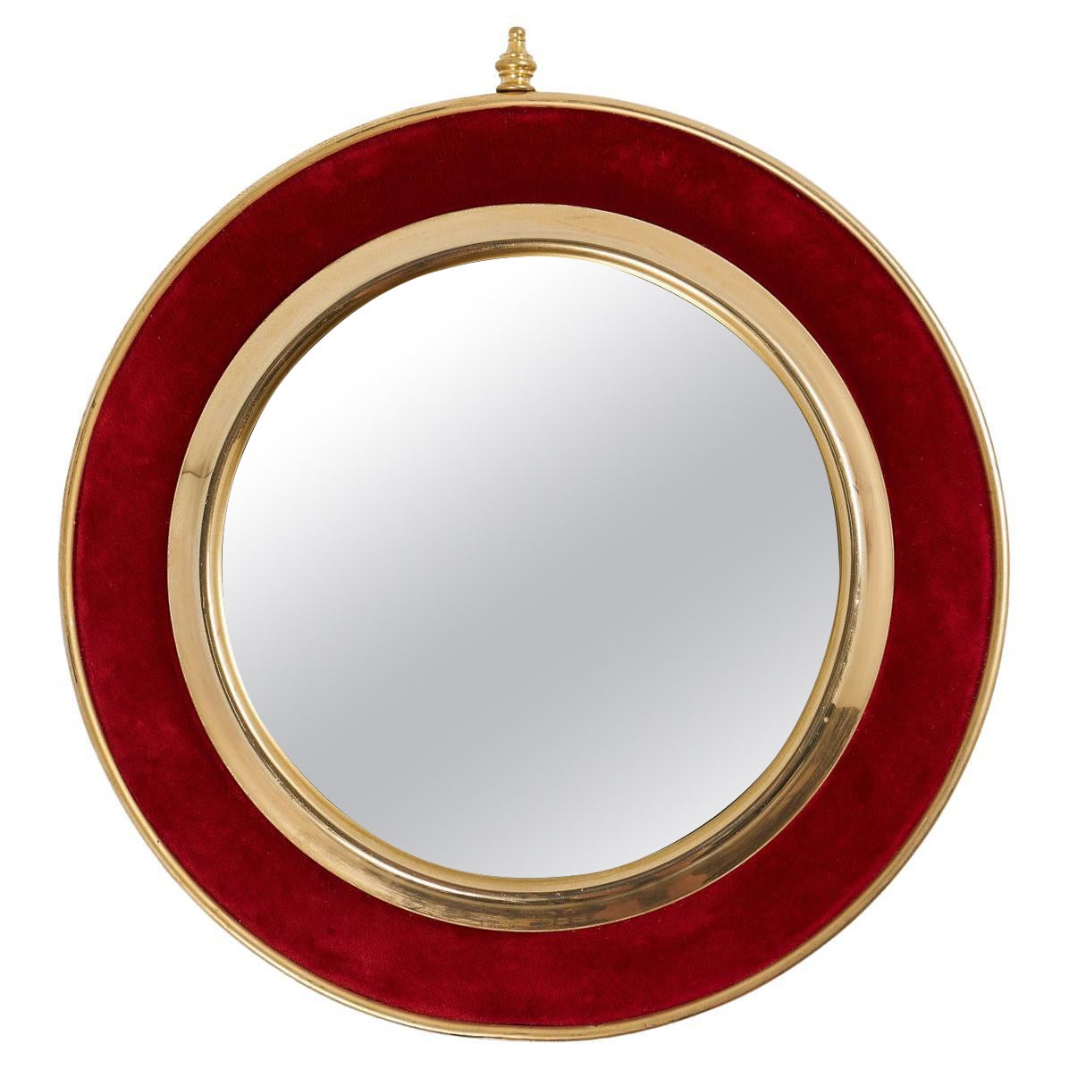 Velvet & Brass Round Wall Mirror For Sale