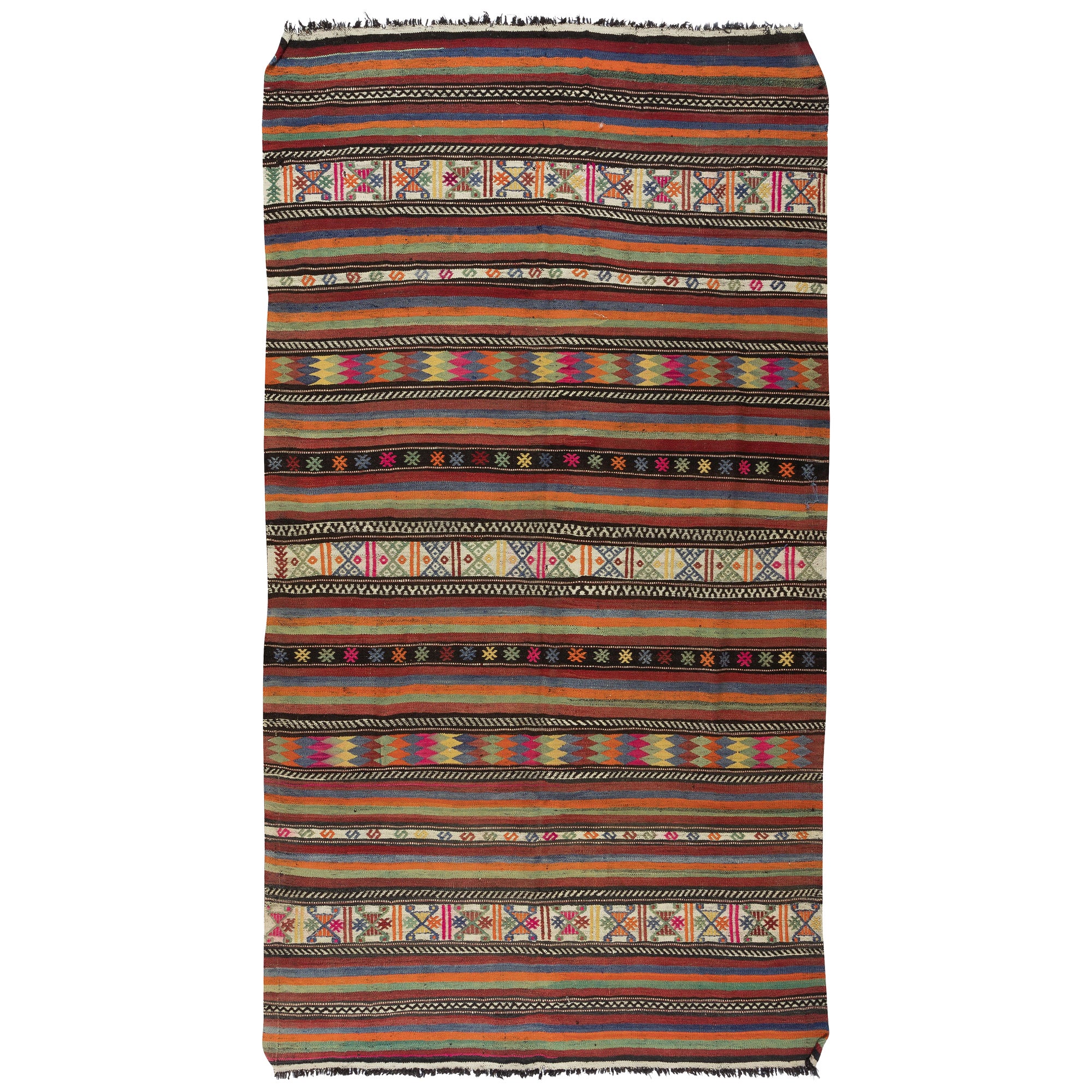 Der farbenfrohe, handgesponnene Kelim aus handgesponnener Wolle, handgewebter, türkisch gestreifter Teppich 5.3x9.6 Ft