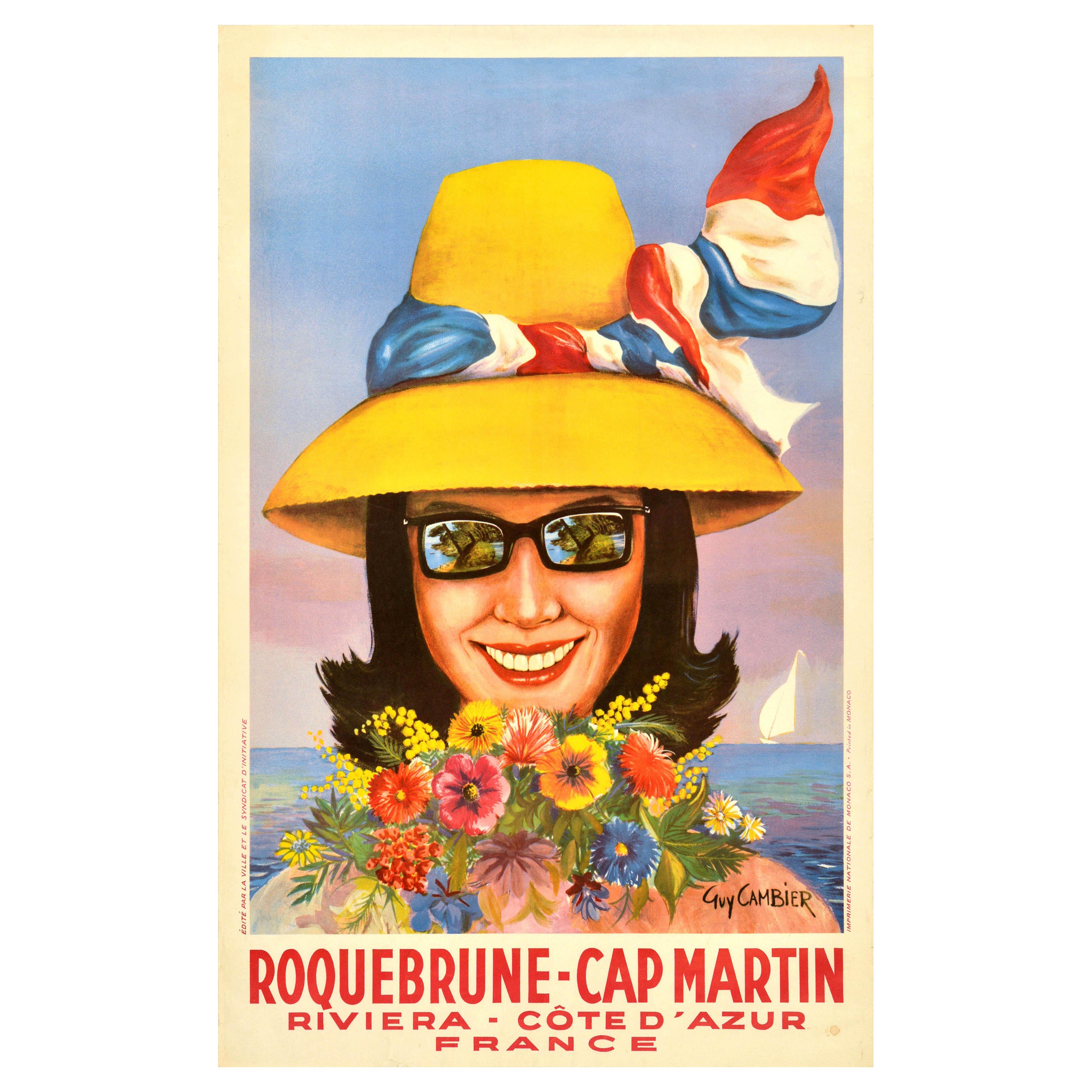Original Vintage Travel Poster Roquebrune Cap Martin Riviera Cote d'Azur France For Sale