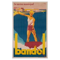 Antique Bandol 1930s French Travel Poster, Sports, Ski, Andre Bermond