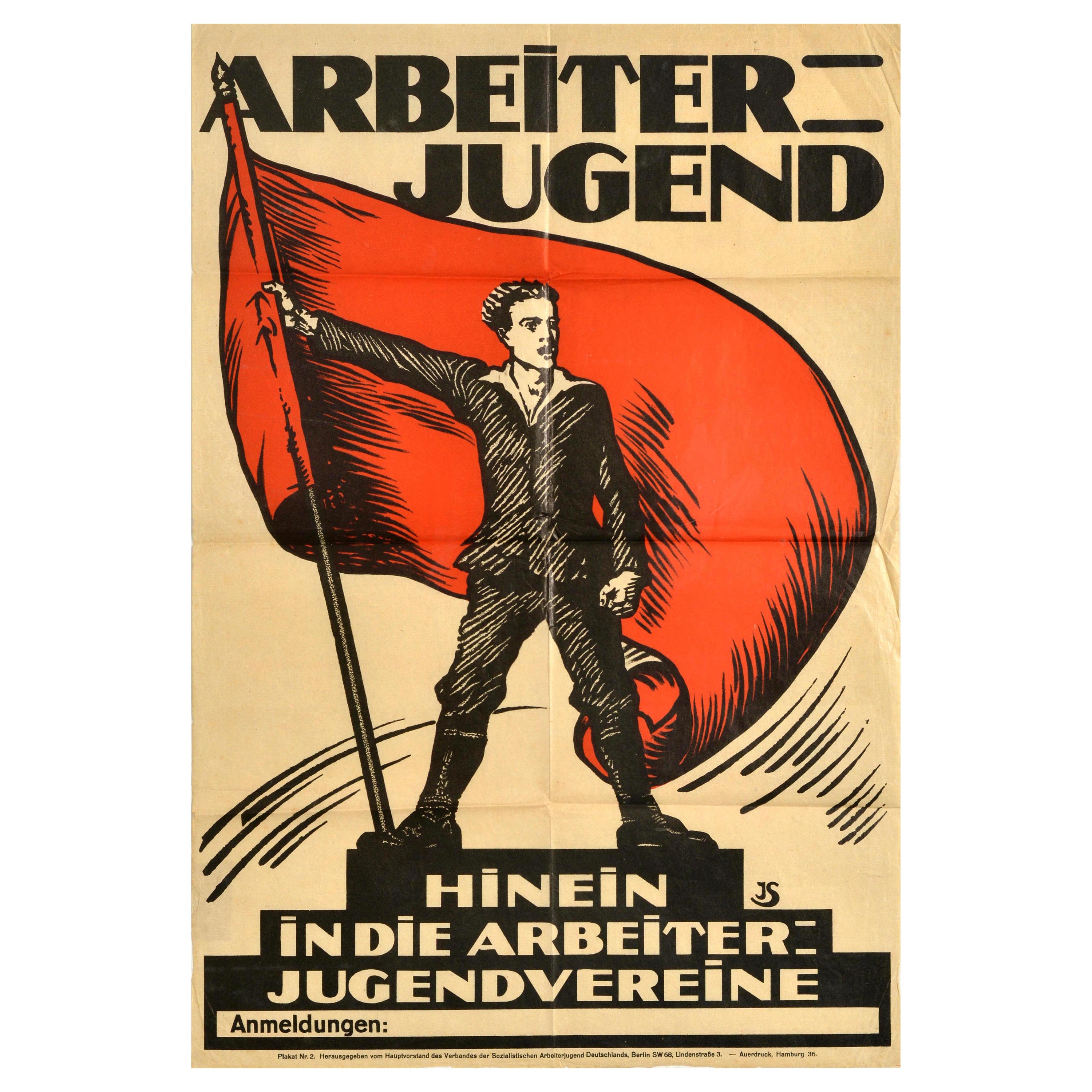 Affiche de propagande vintage originale Arbeiterjugend Socialist Workers Youth allemand en vente