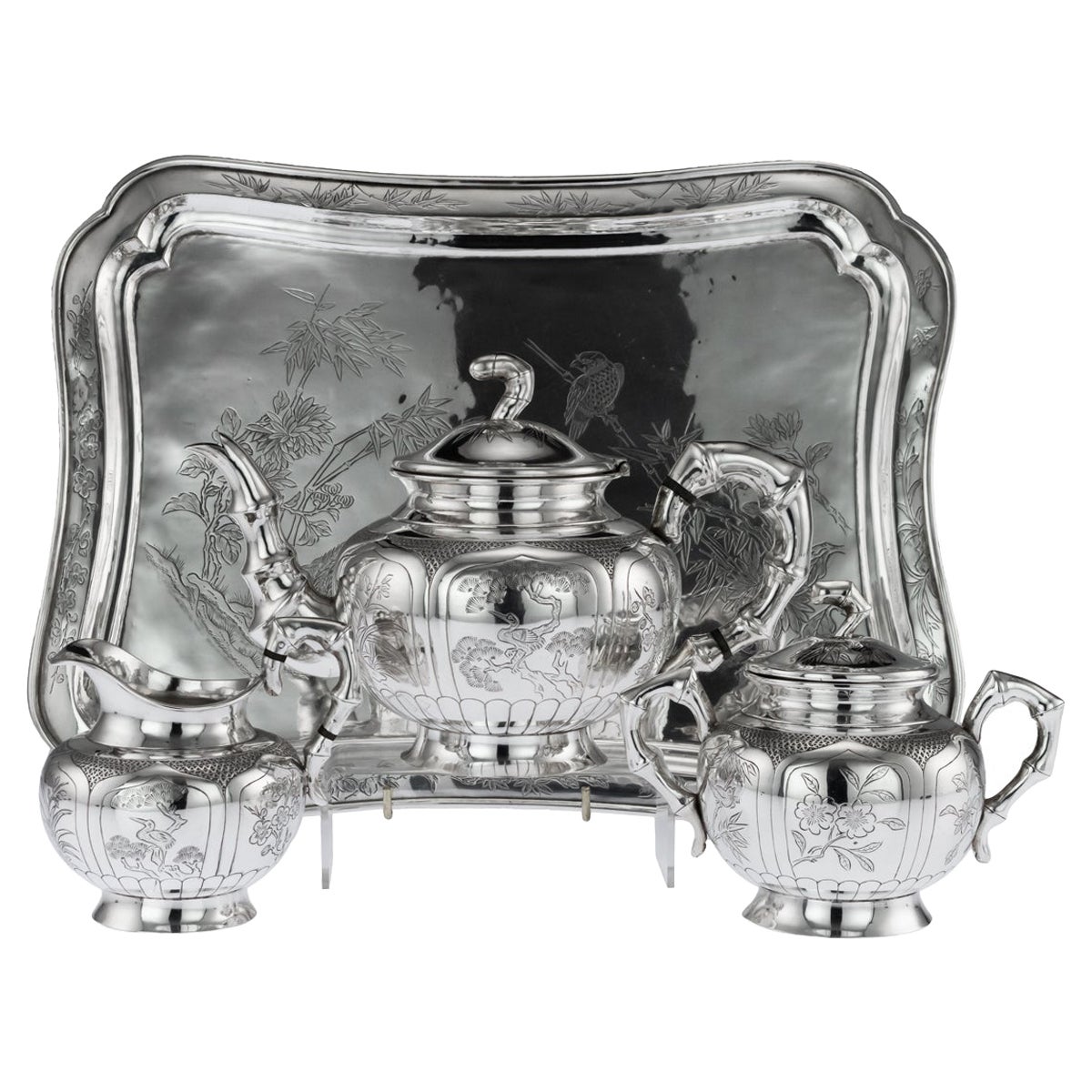 Antique 20thC Chinese Solid Silver 3 Piece Tea Set On Tray c.1910 For Sale