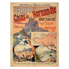 Original Antique Train Travel Poster Normandy Brittany Jersey Coast Excursions